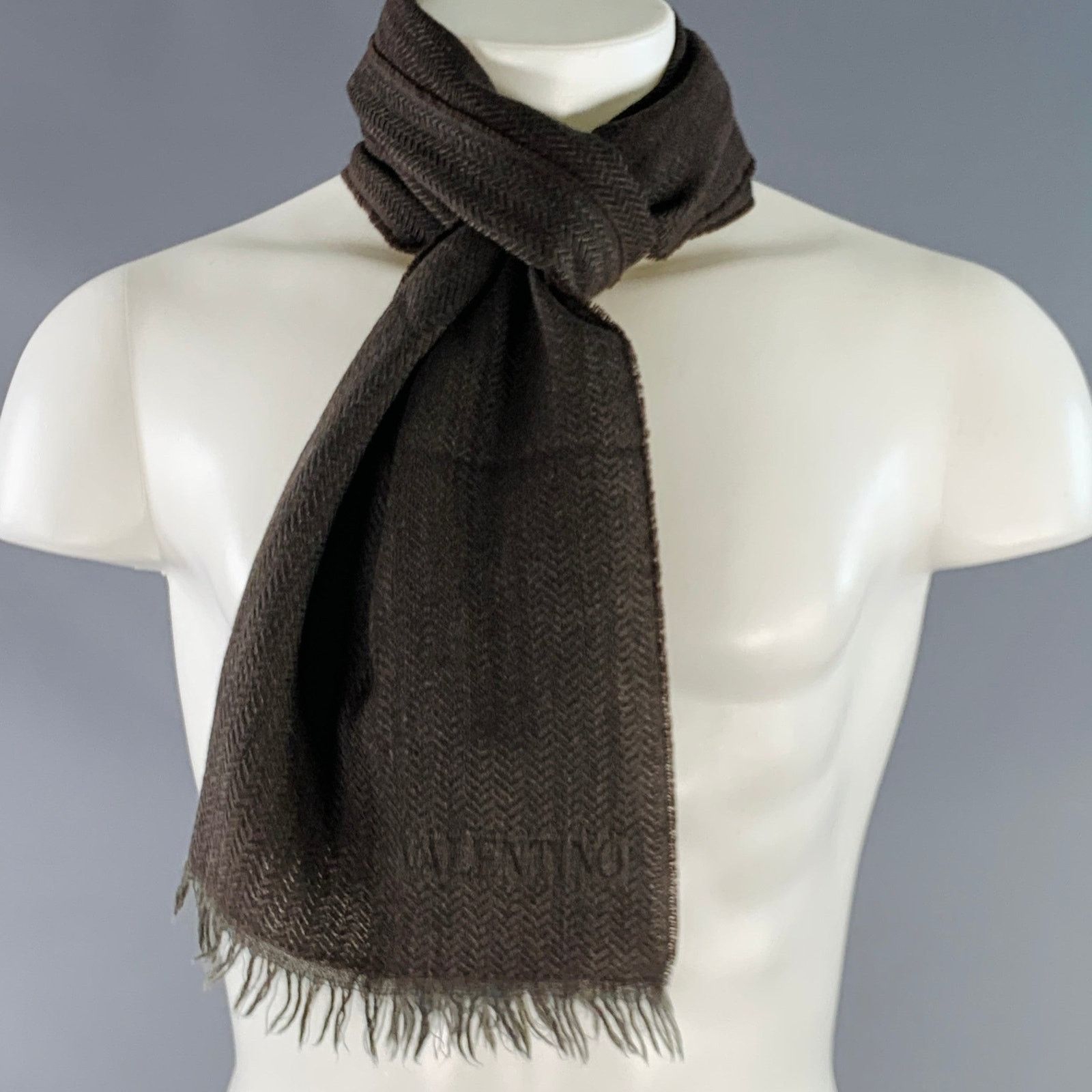 Valentino VALENTINO Brown Olive Herringbone Wool Fringe Scarf Size ONE SIZE - 5 Thumbnail