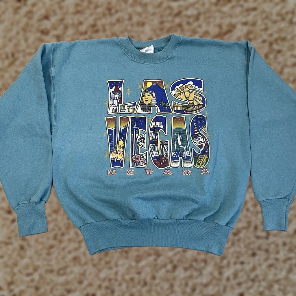 Hanes VINTAGE Las Vegas Sweatshirt Adult Medium Blue Crewneck Nevada Art 90s Y2K Mens Size US M / EU 48-50 / 2 - 1 Thumbnail