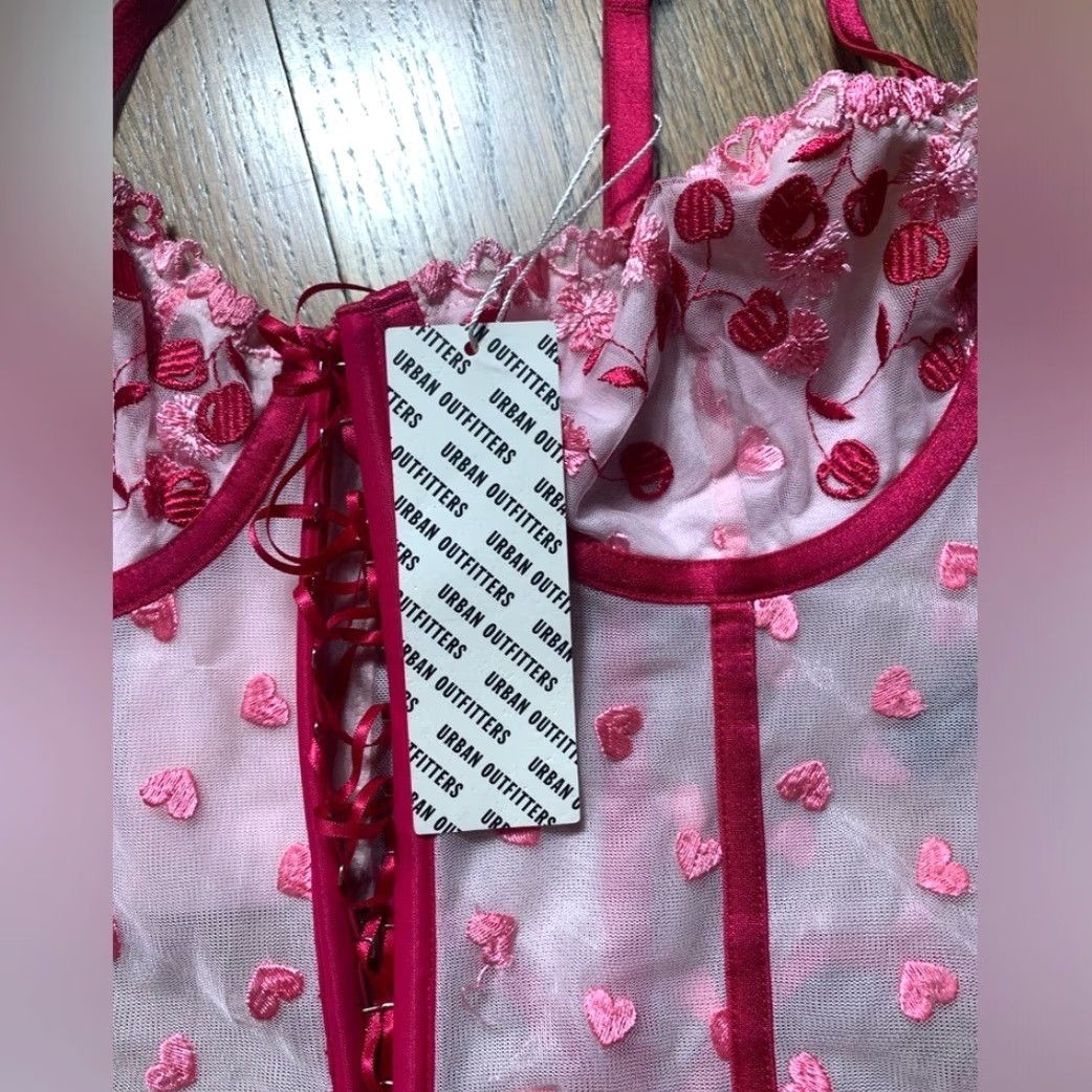 Urban Outfitters NWT Urban Outfitters Corset Top M Rose Cherry Heart Multicolor Medium Regular Girls? Mens? Wait. Size M / US 6-8 / IT 42-44 - 3 Thumbnail
