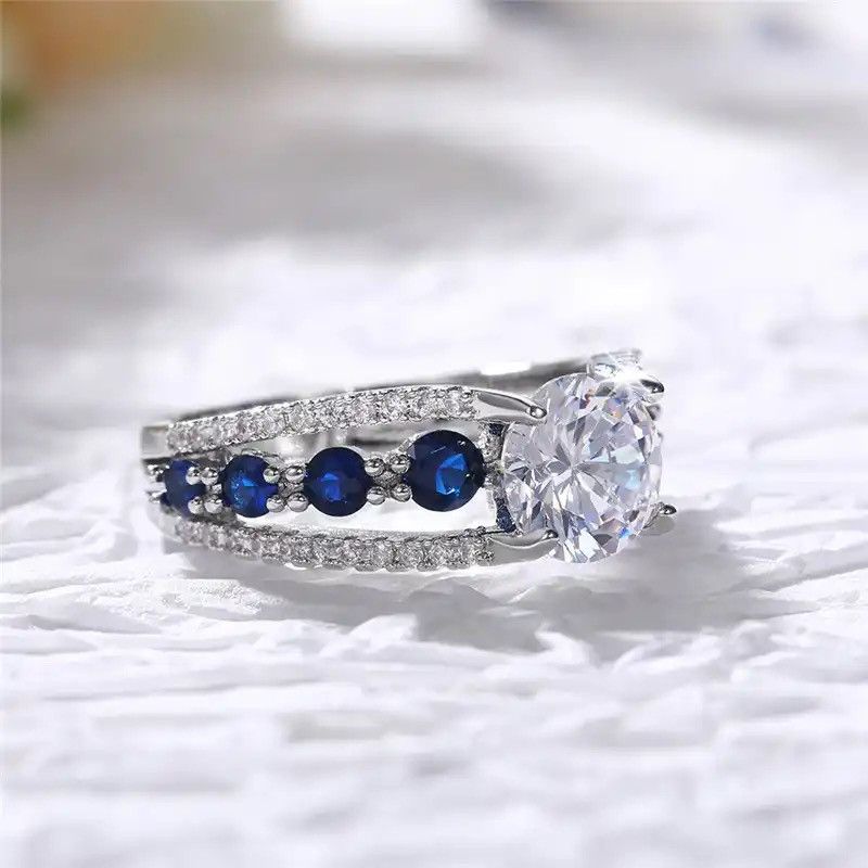 Designer × Jewelry Rings Women Blue/White Round CZ Novel Designed Size ONE SIZE - 5 Thumbnail
