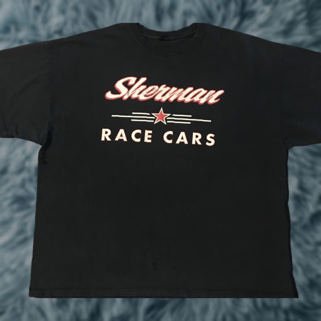 VINTAGE Sherman Race Cars Thrashed Shirt XXL Distressed 2XL Black USA 90s Grunge Punk NASCAR Racing Cars Men Shirt Mens