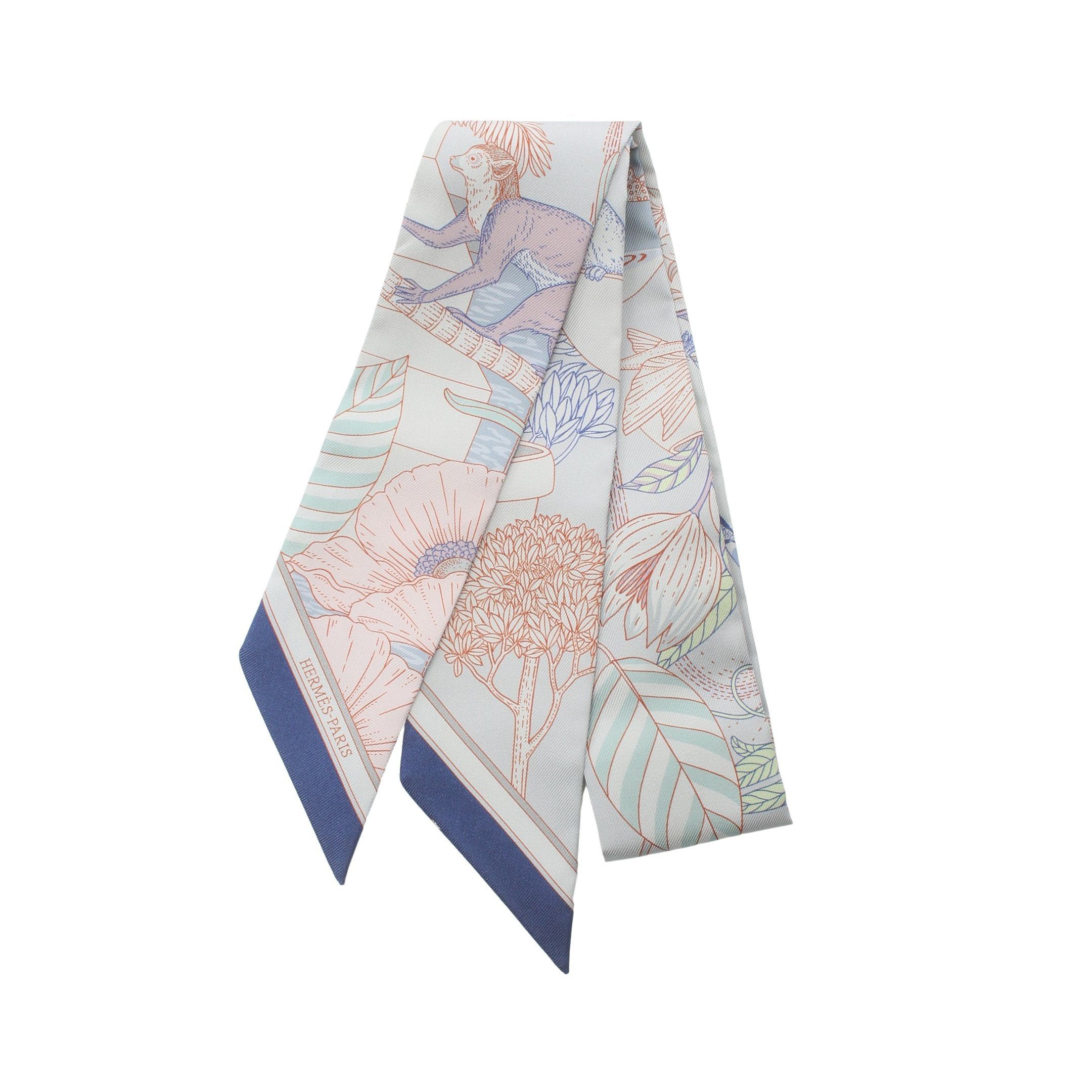 Hermes Hermes Twilly Precious Paradaise Ribbon Scarf Silk Light Gray Multicolor Size ONE SIZE - 1 Thumbnail
