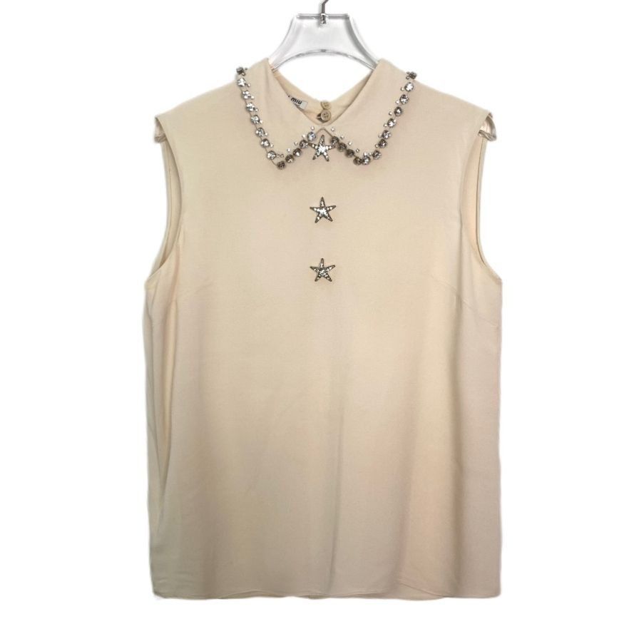 Miu Miu Beige Sleeveless Top With Rhinestone Star Embellishm