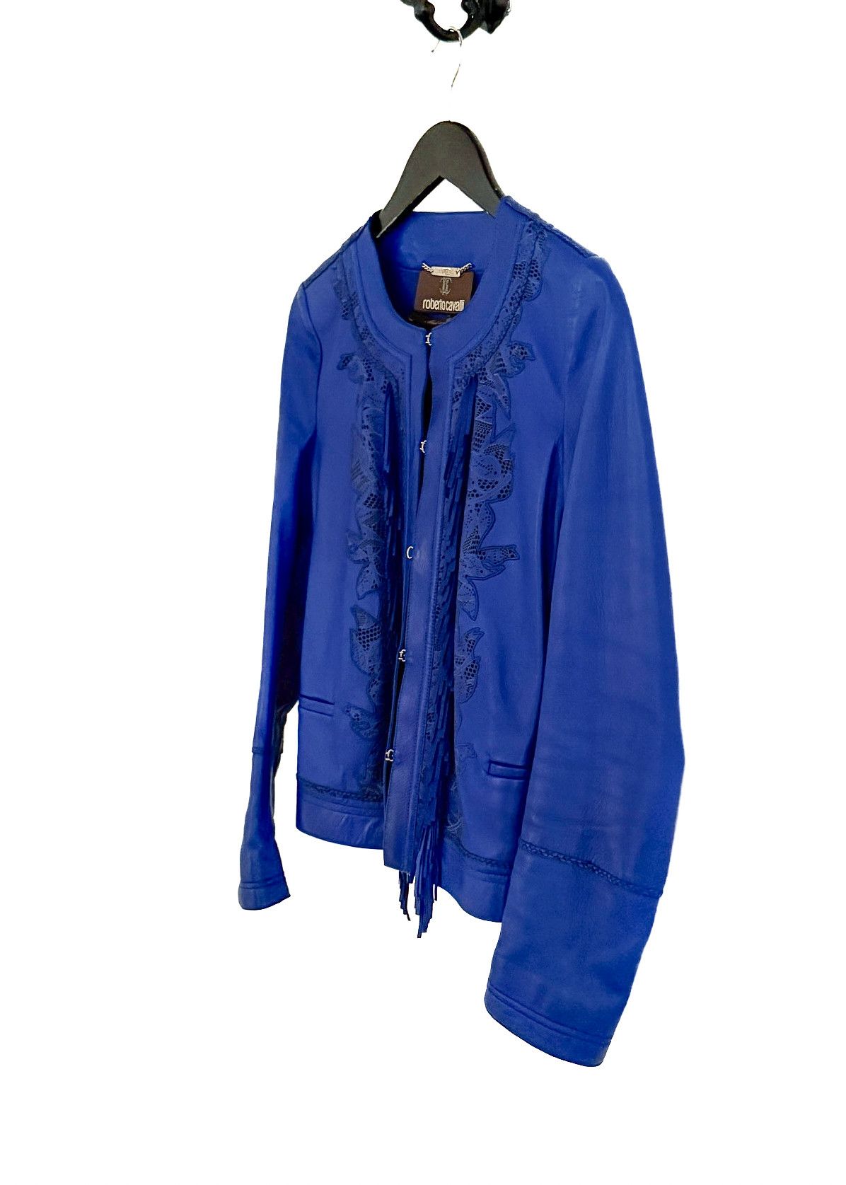 Roberto Cavalli Roberto Cavalli Royal Blue Leather Fringed Perforated Jacket Size S / US 4 / IT 40 - 2 Thumbnail