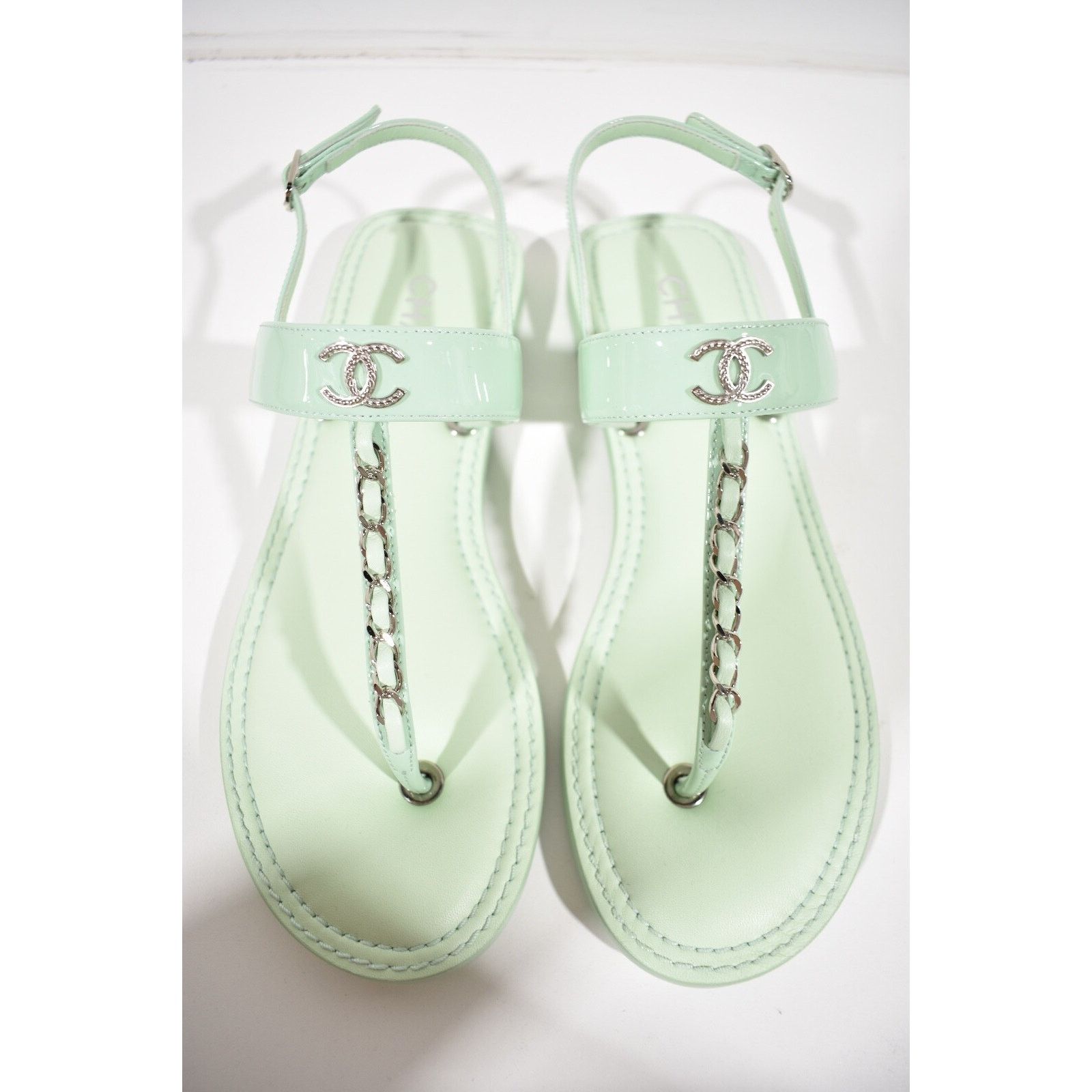 Chanel Chanel 22C Green Patent Silver Chain CC Logo Mule Slide Size US 7 / IT 37 - 8 Thumbnail
