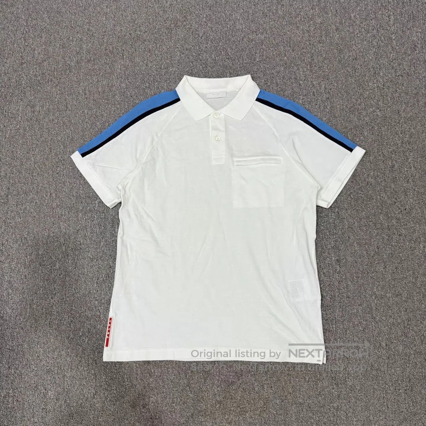 Prada White Polo Shirt with Blue and Black Striped Sleeves. Size US M / EU 48-50 / 2 - 1 Thumbnail