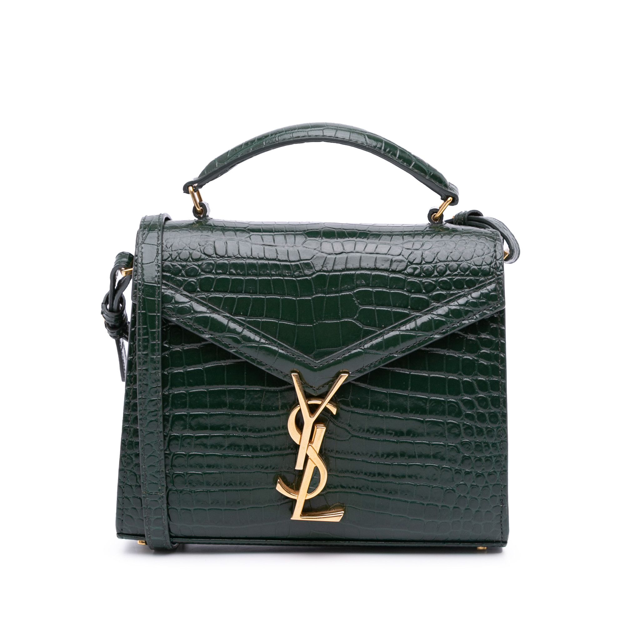 YVES Saint Laurent Mini Croc Embossed Calfskin Monogram Cassandra Top Handle Bag in Green, Women's