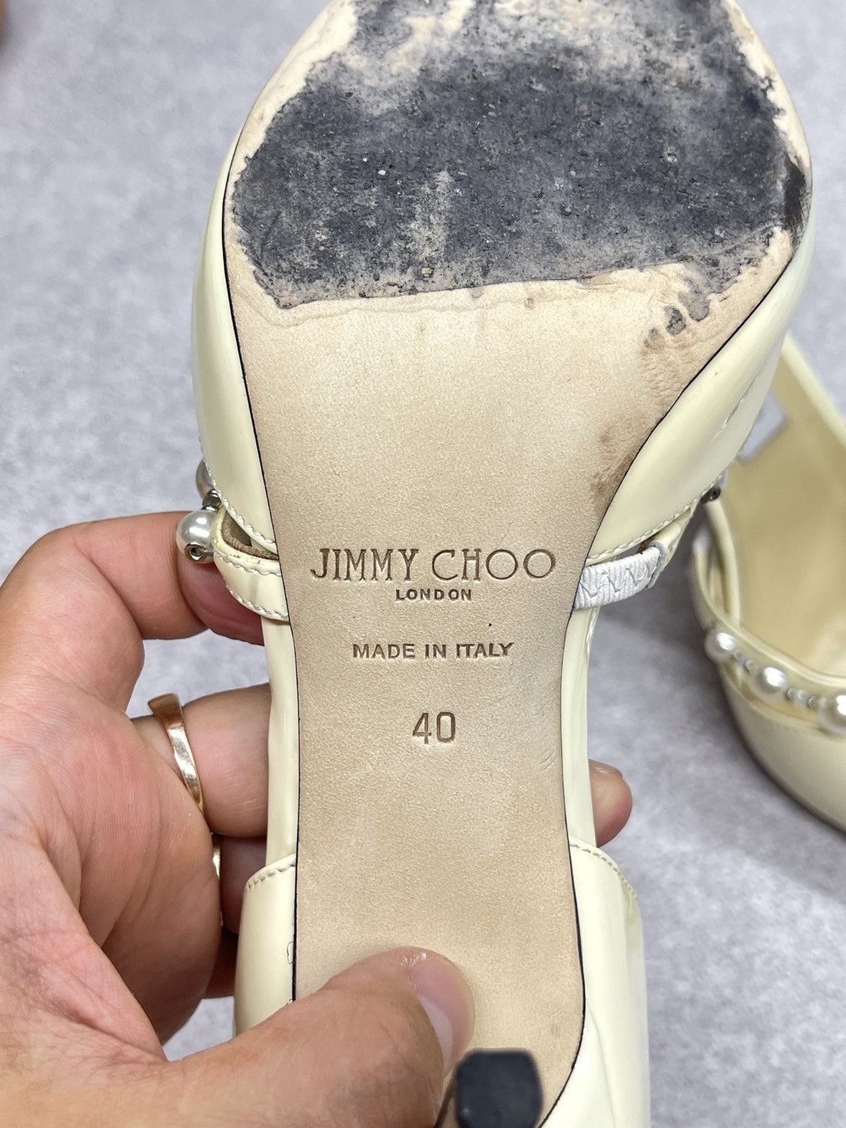 Jimmy Choo Jimmy Choo Beige Patent Leather Aurelie 85 Pump Heels Size US 9 / IT 39 - 15 Thumbnail