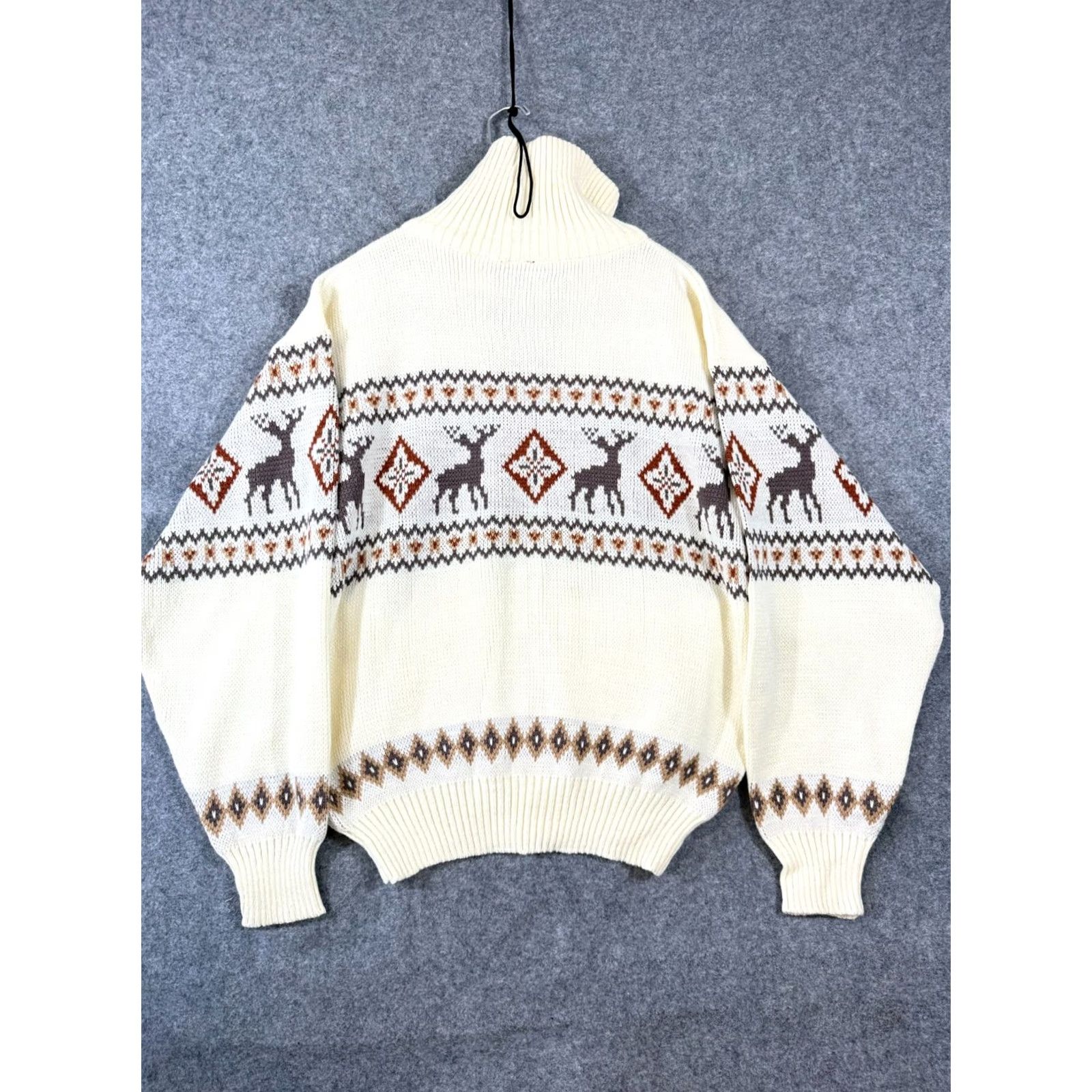 Vintage Scandia Woods Sweater Mens L Ivory Argyle Nordic Deer Mock Neck Full Zip NWOT Size US L / EU 52-54 / 3 - 6 Thumbnail