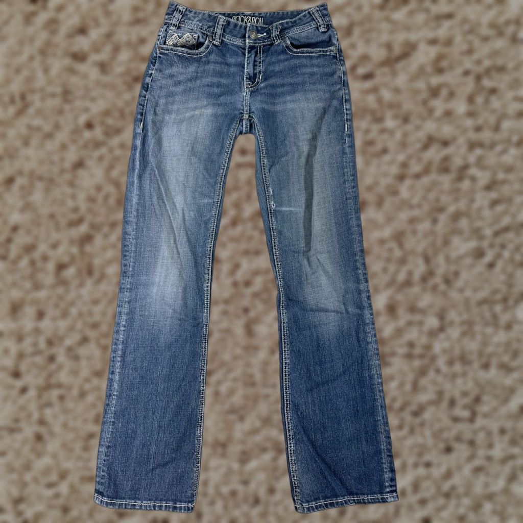 Denime Rock And Roll Cowgirl Jeans Womens Bootcut Rock And Roll Cowgirl Jeans Blue Denim Embroidered 27 inches Straight Low Rise 32 Inseam Size 27" / US 4 / IT 40 - 1 Thumbnail