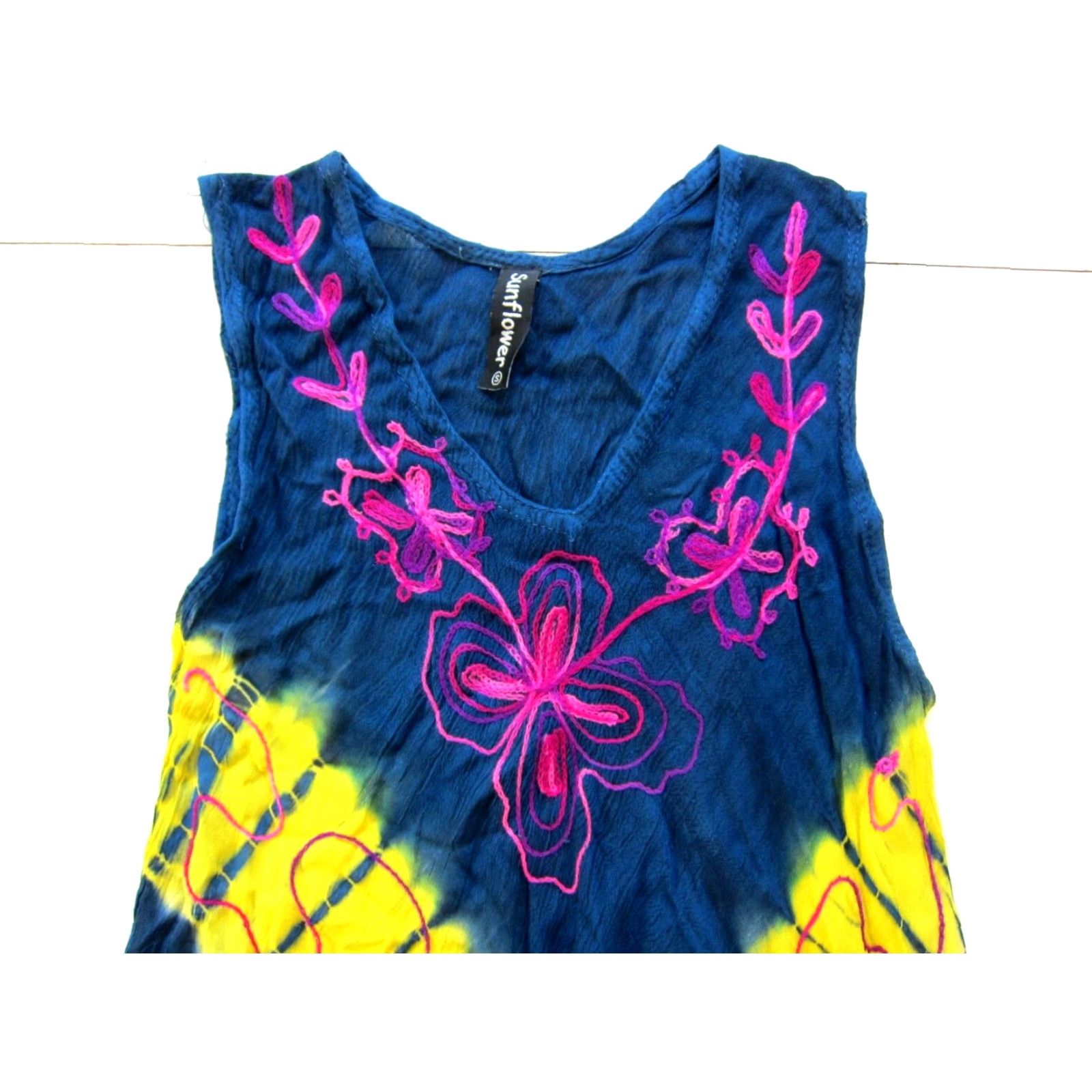 Sunflower VINTAGE Sunflower Rayon Blue Yellow Pink Tie Dye Tunic Tank Sun Dress Small Size S / US 4 / IT 40 - 3 Thumbnail