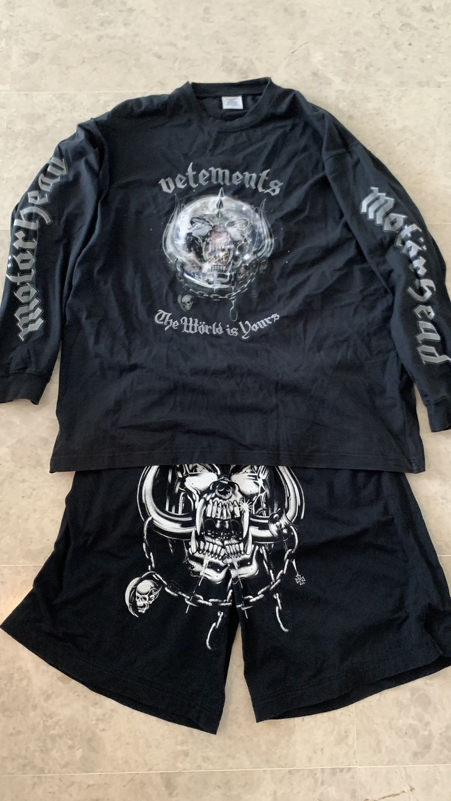 image of Vetements Motorhead Long sleeve Tee And Wide Leg Shorts Set in Black, Men's (Size Large)