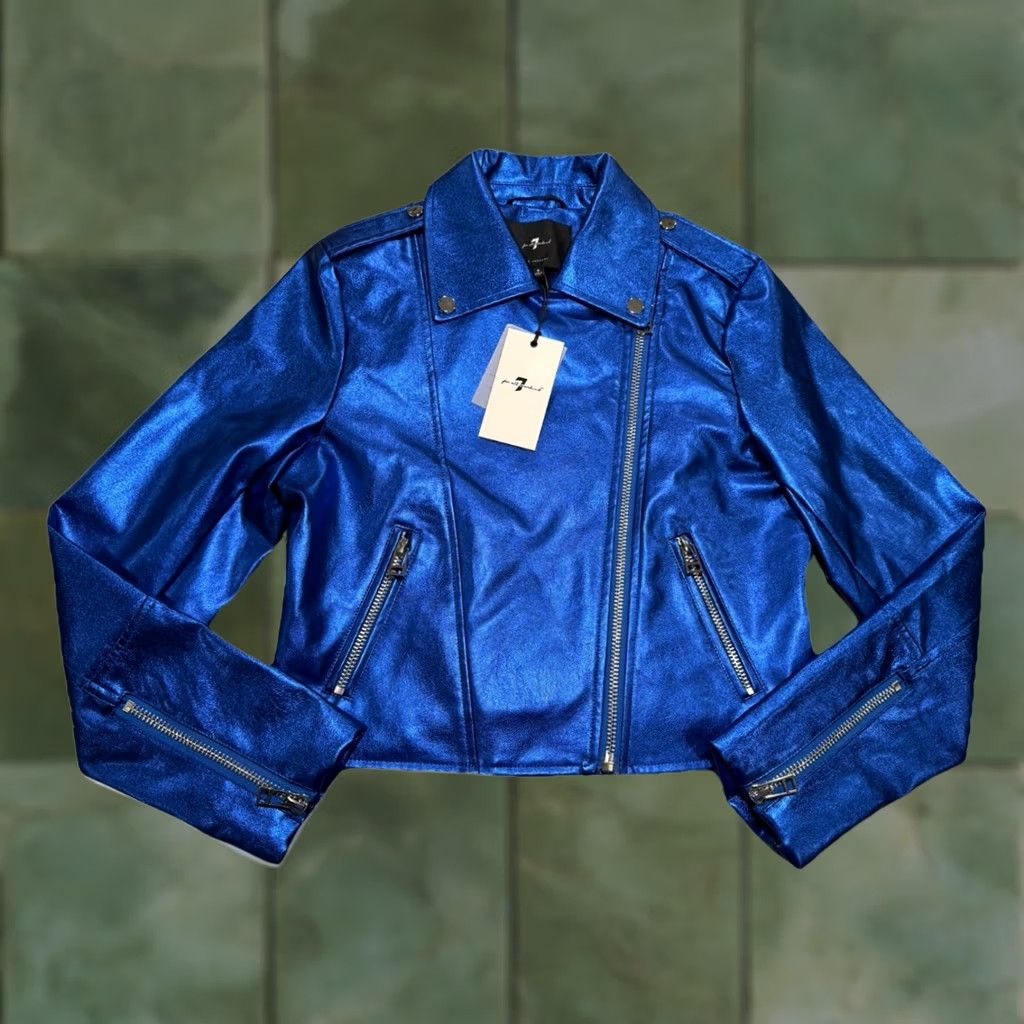 7 For All Mankind 7 FOR ALL MANKIND METALLIC BLUE FAUX LEATHER CROPPED MOTO BIKER JACKET Size S / US 4 / IT 40 - 1 Thumbnail