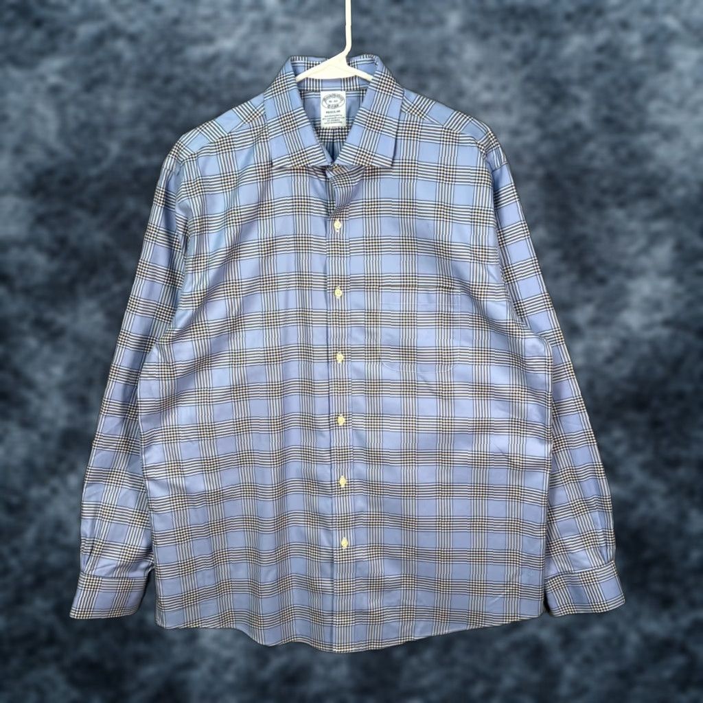 Brooks Brothers VINTAGE Brooks Brothers Non-Iron Stretch Supima Cotton Plaid Dress Shirt Regular 16-34 Blue Long Sleeve Mens Size 42R - 1 Thumbnail