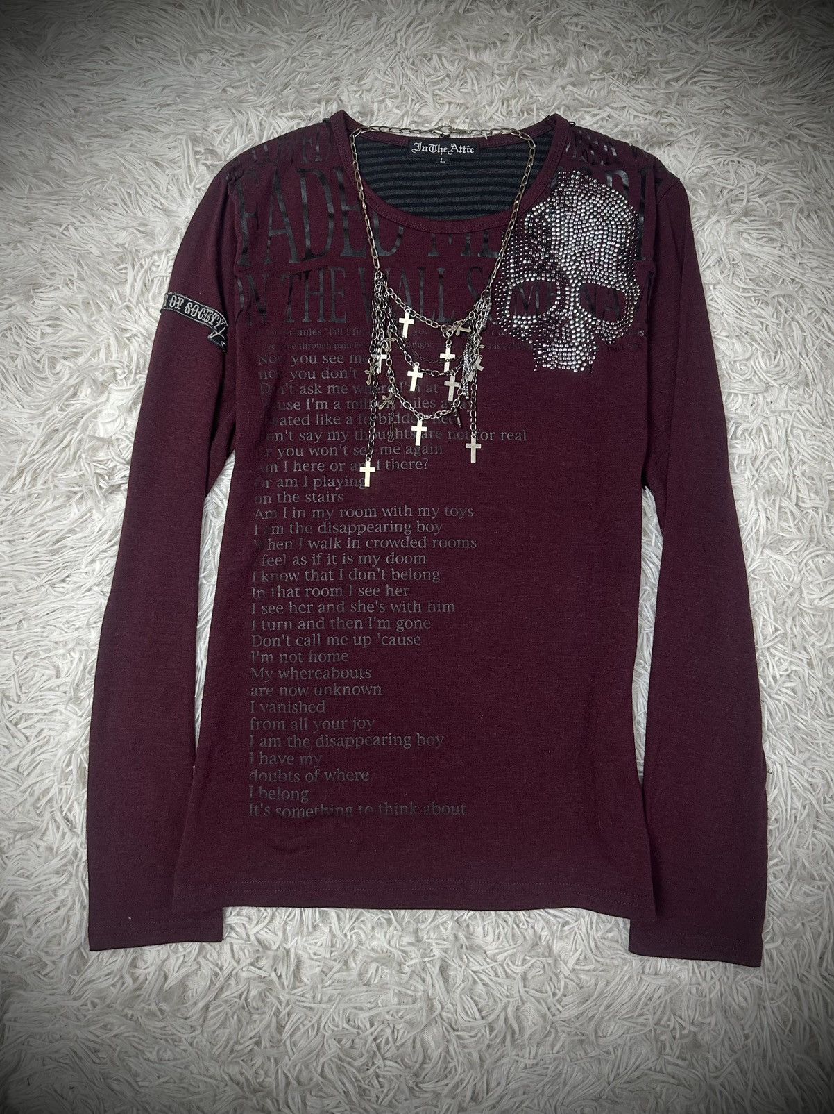 rare 00s in the attic dark maroon skull studded poem tee