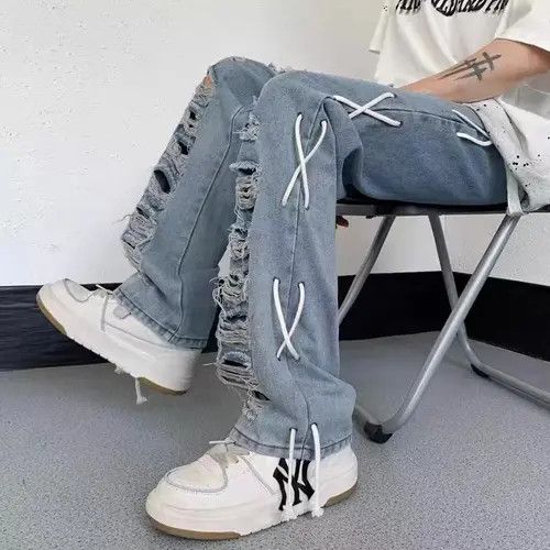 Jean Street design ripped side drawstring straight-leg jeans Size US 32 / EU 48 - 2 Thumbnail