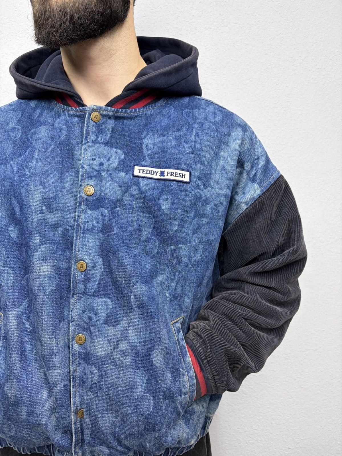 Teddy Fresh Teddy Fresh Denim Varsity Jacket Hybrid All-Over Bear Print Size US L / EU 52-54 / 3 - 4 Thumbnail