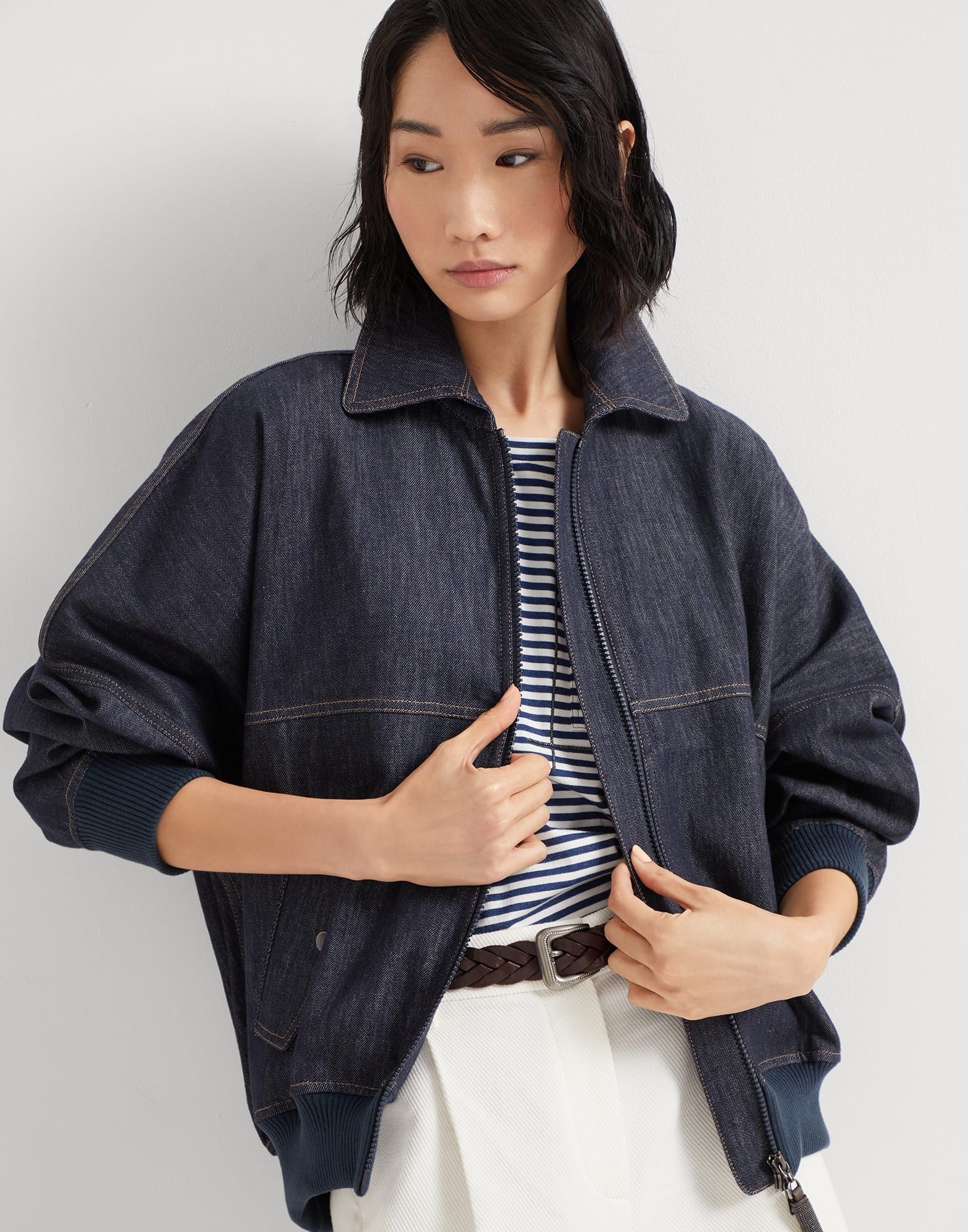 Brunello Cucinelli o1la1rc1a0326 Denim-Effect Twill Bomber jacket in Blue Size XL / US 12-14 / IT 48-50 - 4 Thumbnail