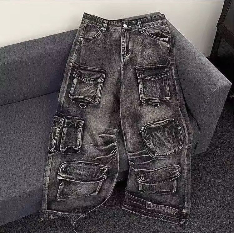 Multi-pocket Bottom Belt Wide Leg Denim Jean