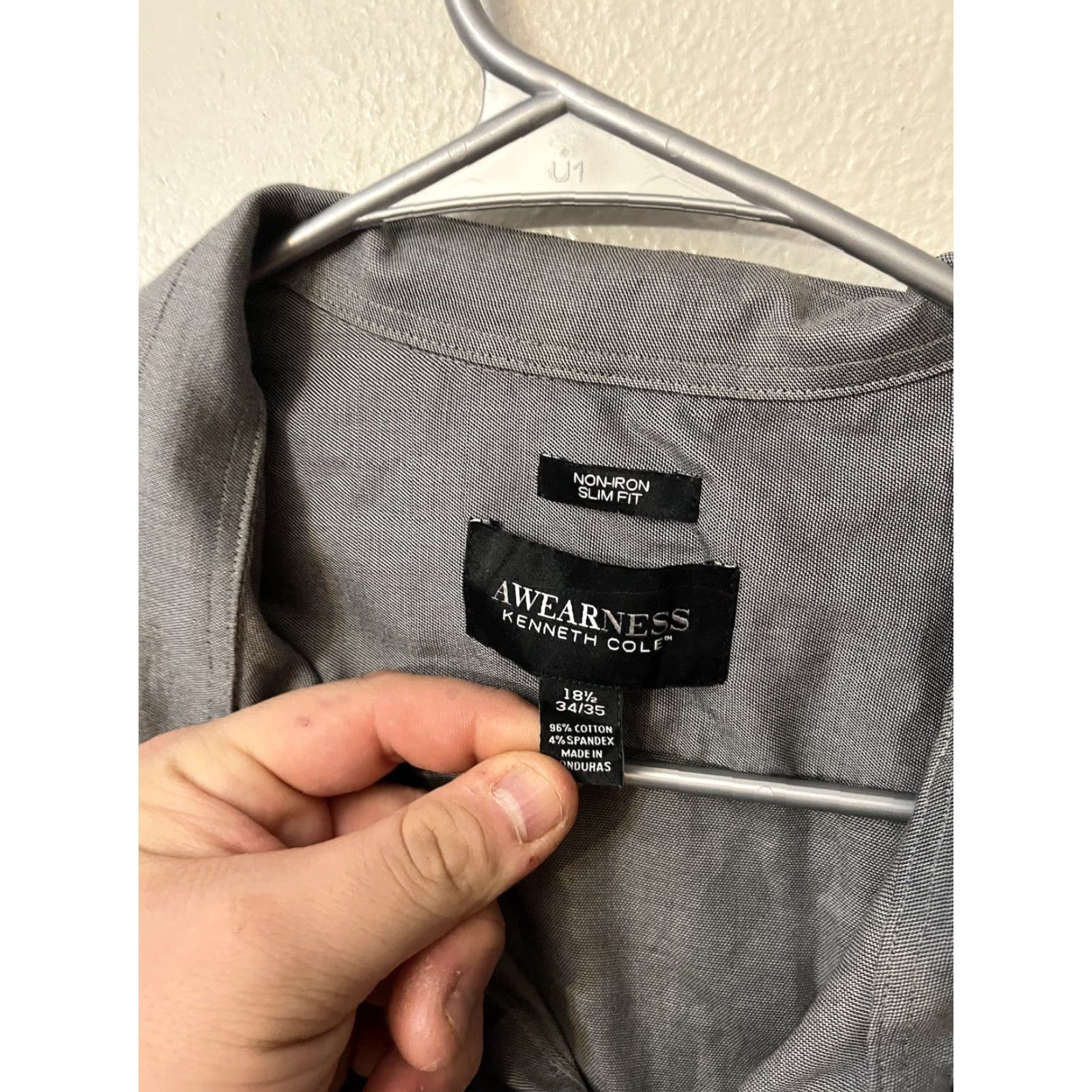 Kenneth Cole KENNETH COLE AWARENESS Button-Down Slim Fit 18.5 Men’s Dress Shirt Gray Cotton Blend Solid Size 48R - 3 Thumbnail