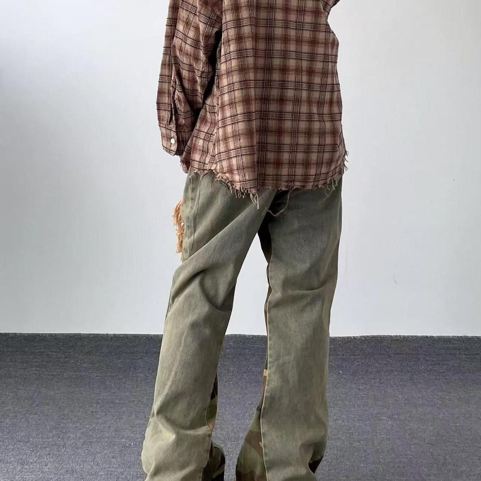 Jean Camo Patch Flare Jeans – Yellow Mud, Retro Loose Fit Size US 33 - 4 Thumbnail
