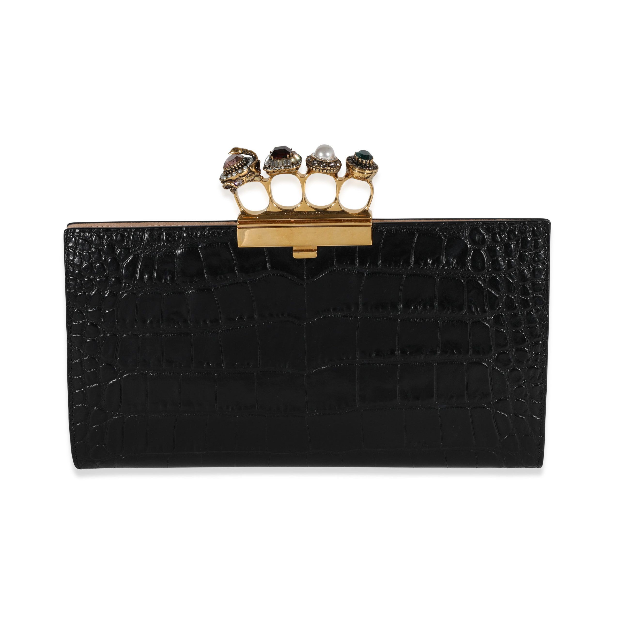 image of Mcqueen Alexander Mcqueen Croc-Embossed Leather Skull Four-Ring Flat Pouch in Black, Women's