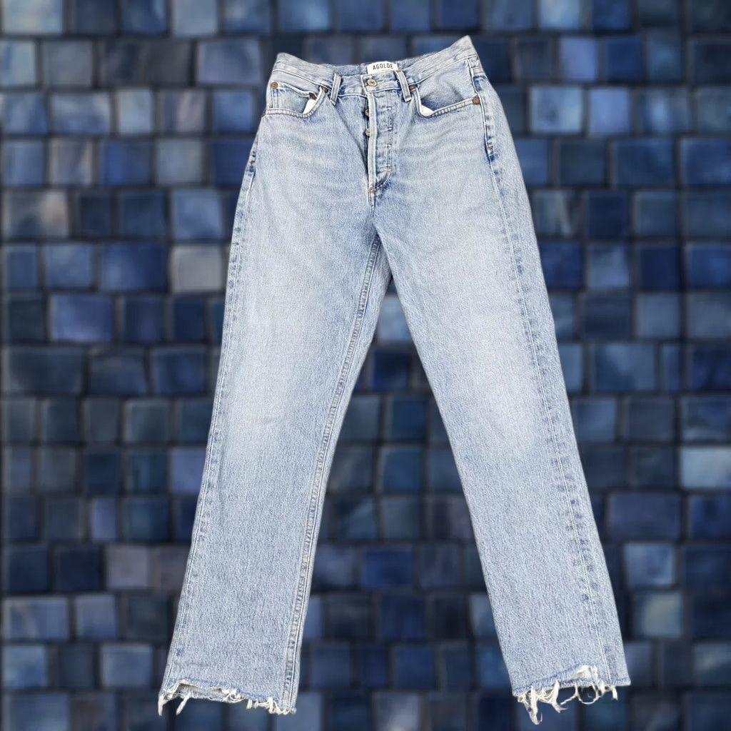 Agolde VINTAGE AGOLDE Riley Jeans Womens 25 Blue High Rise Straight Crop Raw Hem Button Fly Size 42" / US 20 - 1 Thumbnail