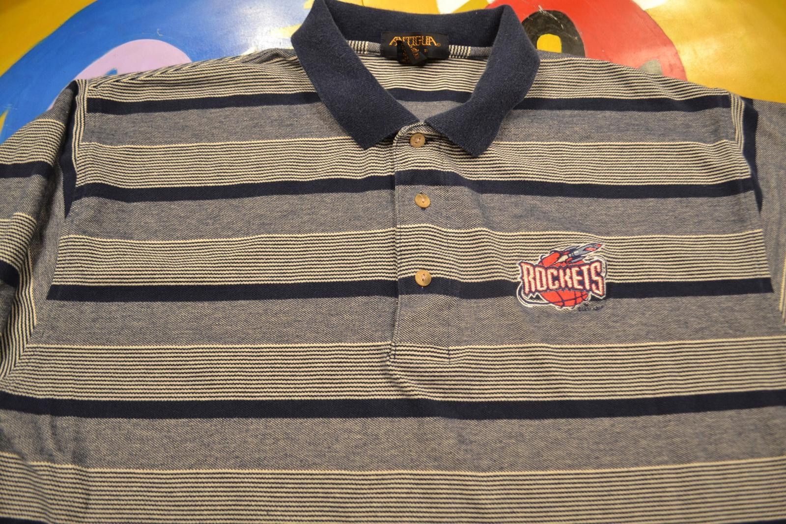 Antigua Vintage Antigua Houston Rockets Striped Polo Shirt Size 44R - 1 Thumbnail