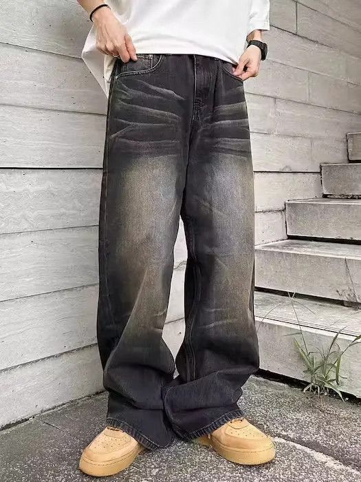 image of Street Hip Hop Ripple Texture Retro Straight Jeans in Black, Men's (Size 32)