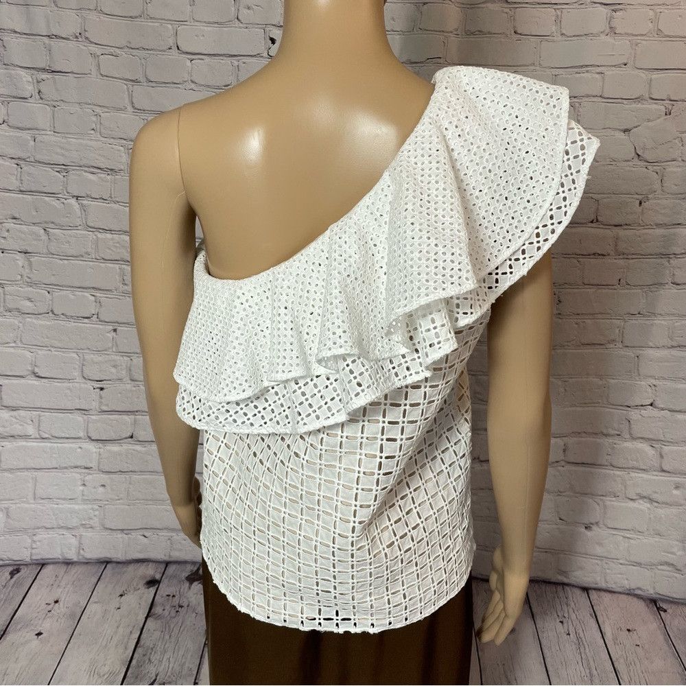 J.Crew J. Crew White One-Shoulder Ruffle Eyelet Cotton Top Size 2 Size XS / US 0-2 / IT 36-38 - 5 Thumbnail