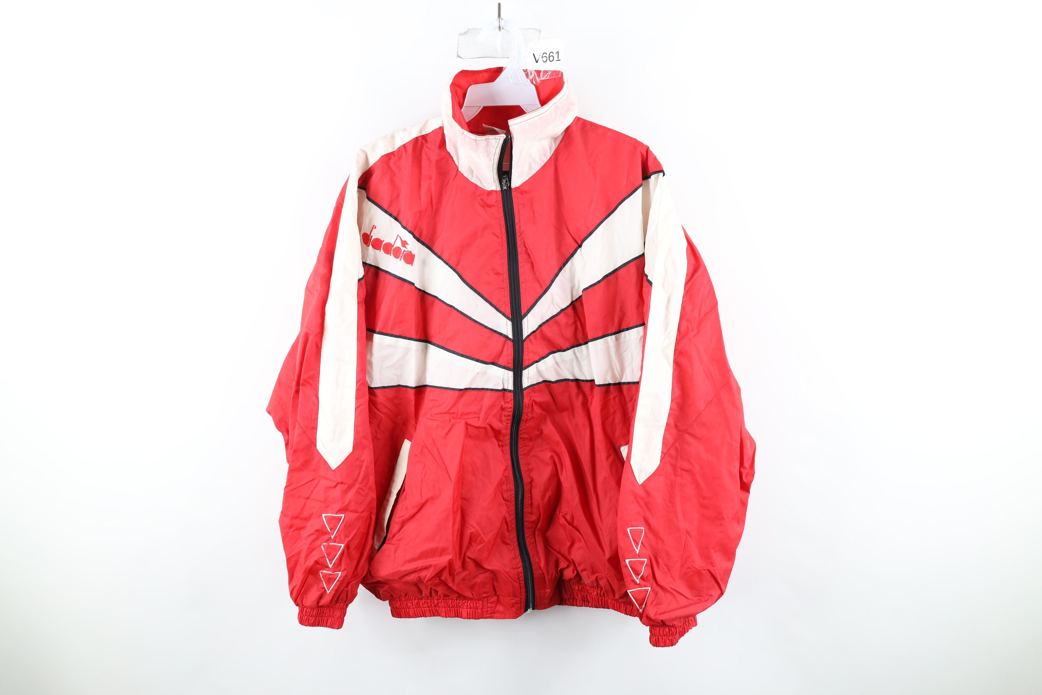 Vintage 90s Diadora Spell Out Lined Soccer Jacket Red