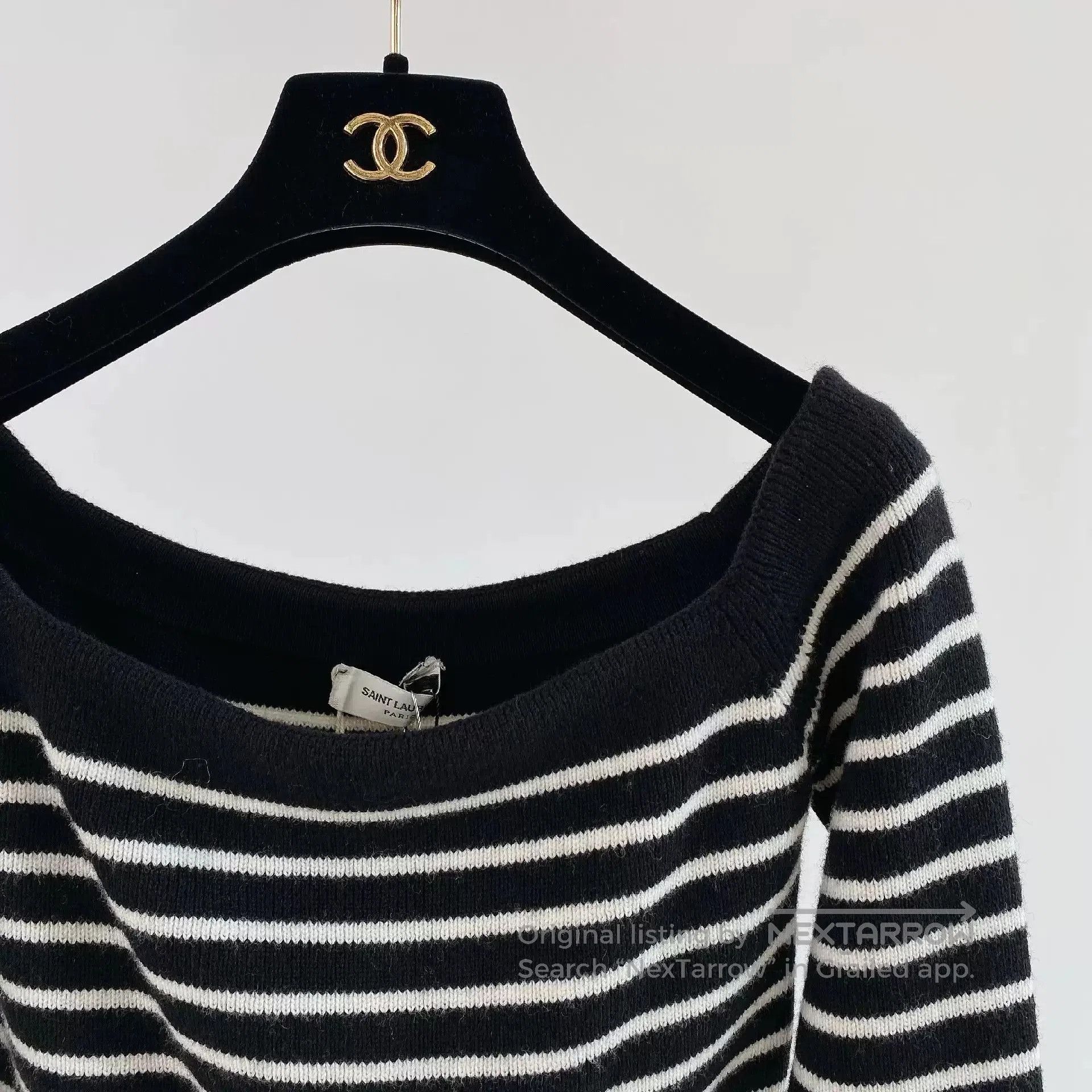 Saint Laurent Paris Saint Laurent Off-Shoulder Striped Crop Sweater. Size M / US 6-8 / IT 42-44 - 6 Thumbnail