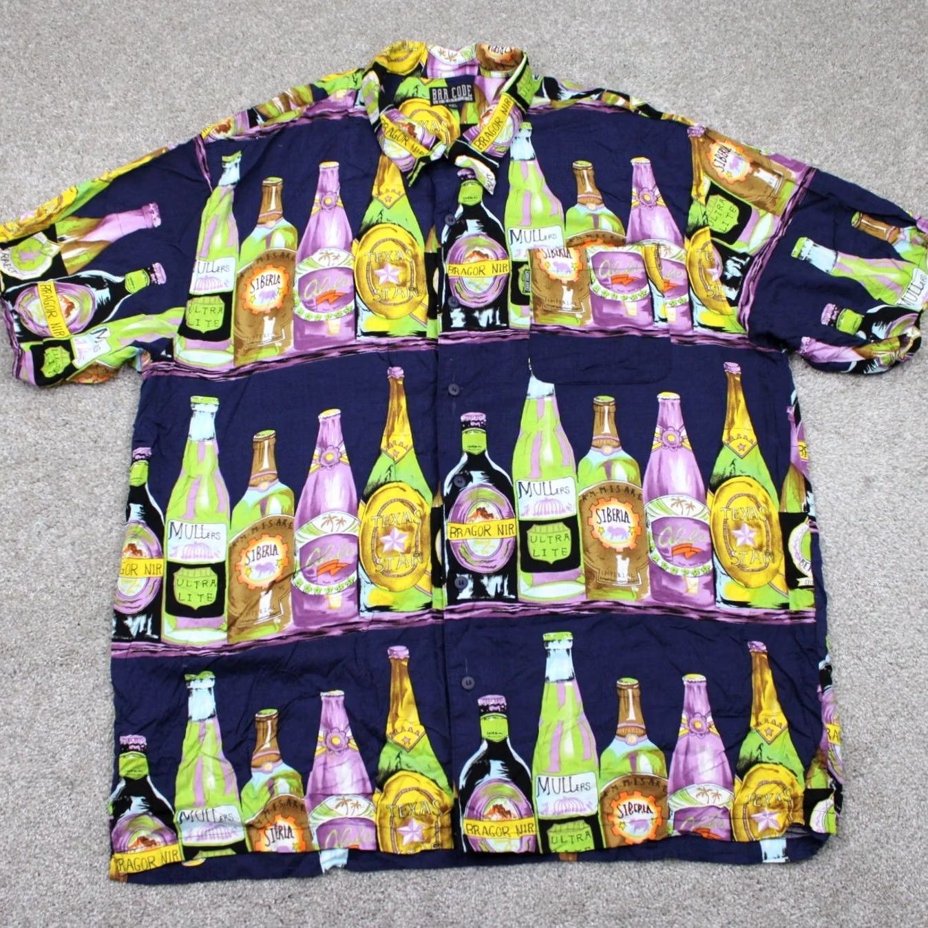 Vintage Bar Code Shirt Mens 2XL XXL Blue Beer Bottle AOP 100% Rayon S/S Button Up Size US XXL / EU 58 / 5 - 2 Thumbnail