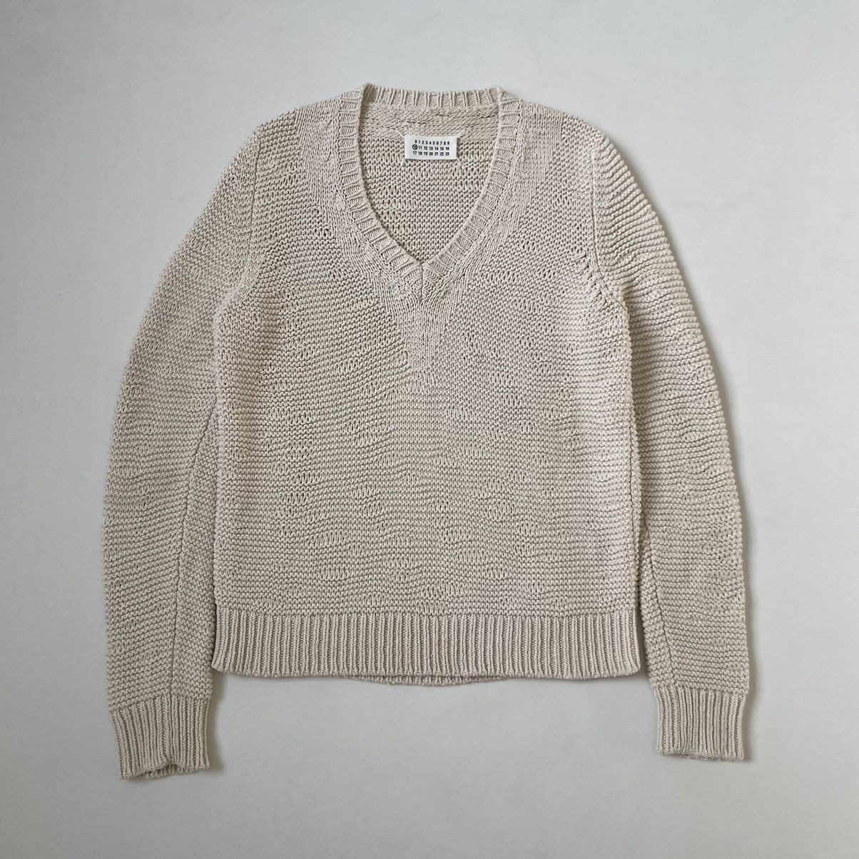 Maison Margiela Sample Textured Cream Cotton V Neck Sweater Size US M / EU 48-50 / 2 - 14 Thumbnail