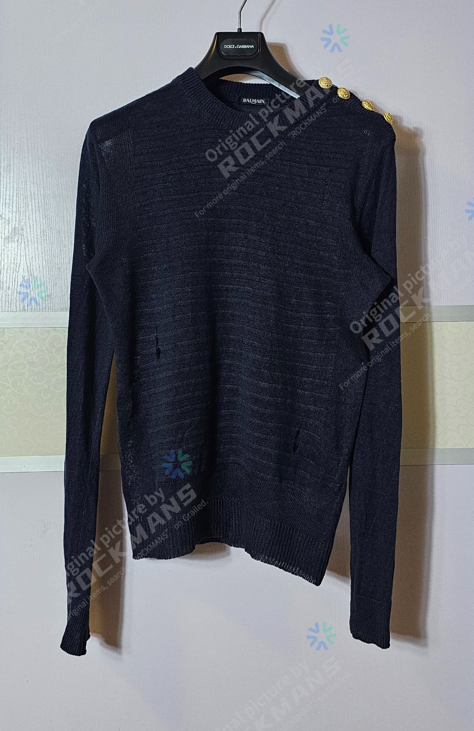 Balmain BALMAIN Linen Navy Stripe Gold Button Distressed Sweater S Size US S / EU 44-46 / 1 - 2 Thumbnail