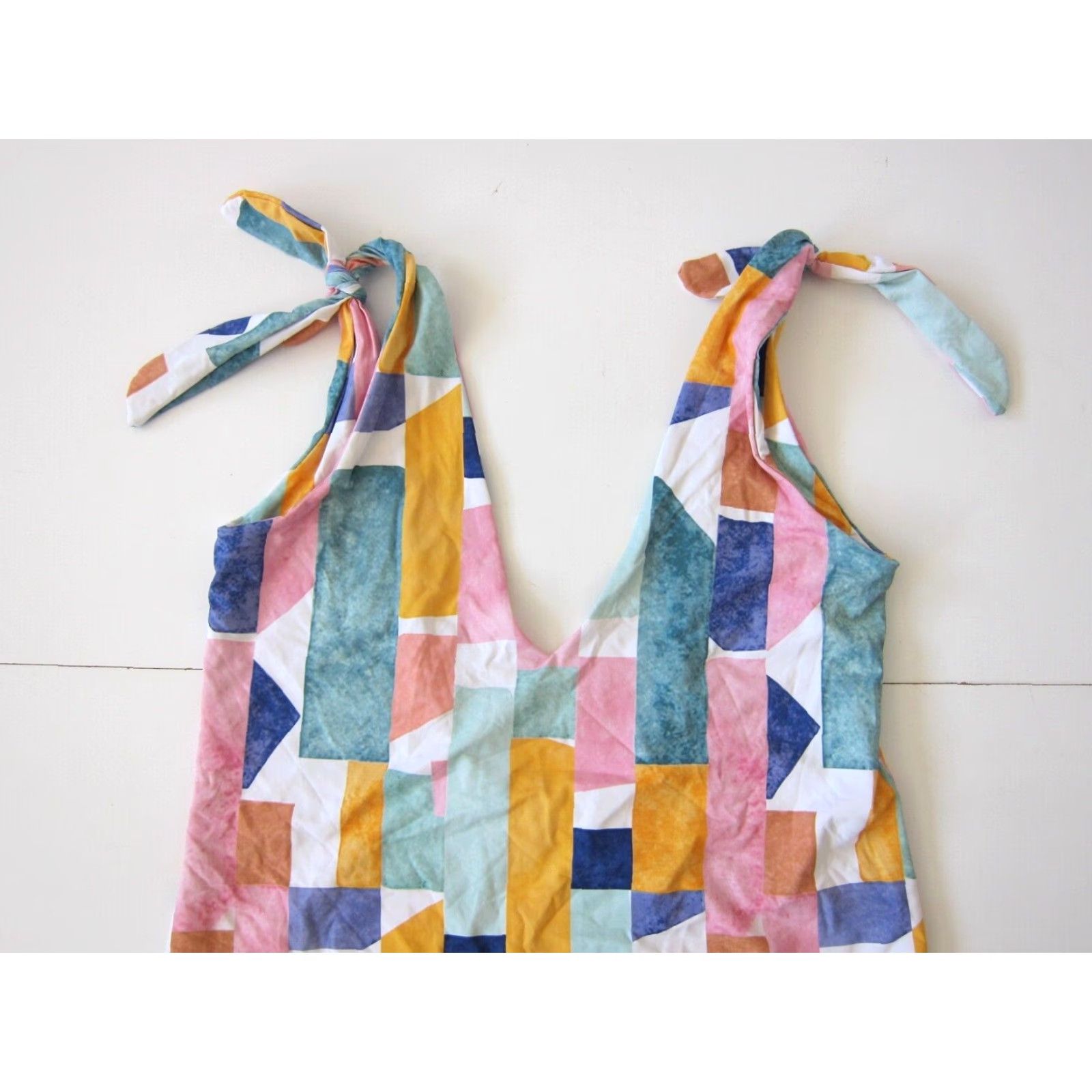 Lulus Lulu's Pink Green Blue Yellow Block V-Neck Low Back One Piece Swimsuit Large Size ONE SIZE - 3 Thumbnail