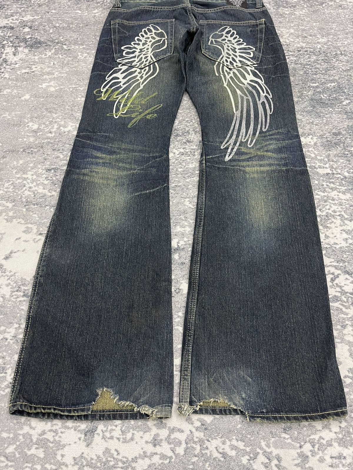 Japanese Brand Vintage Wild Life "Sand Wash" Distressed Flare Jeans Size US 31 - 10 Thumbnail