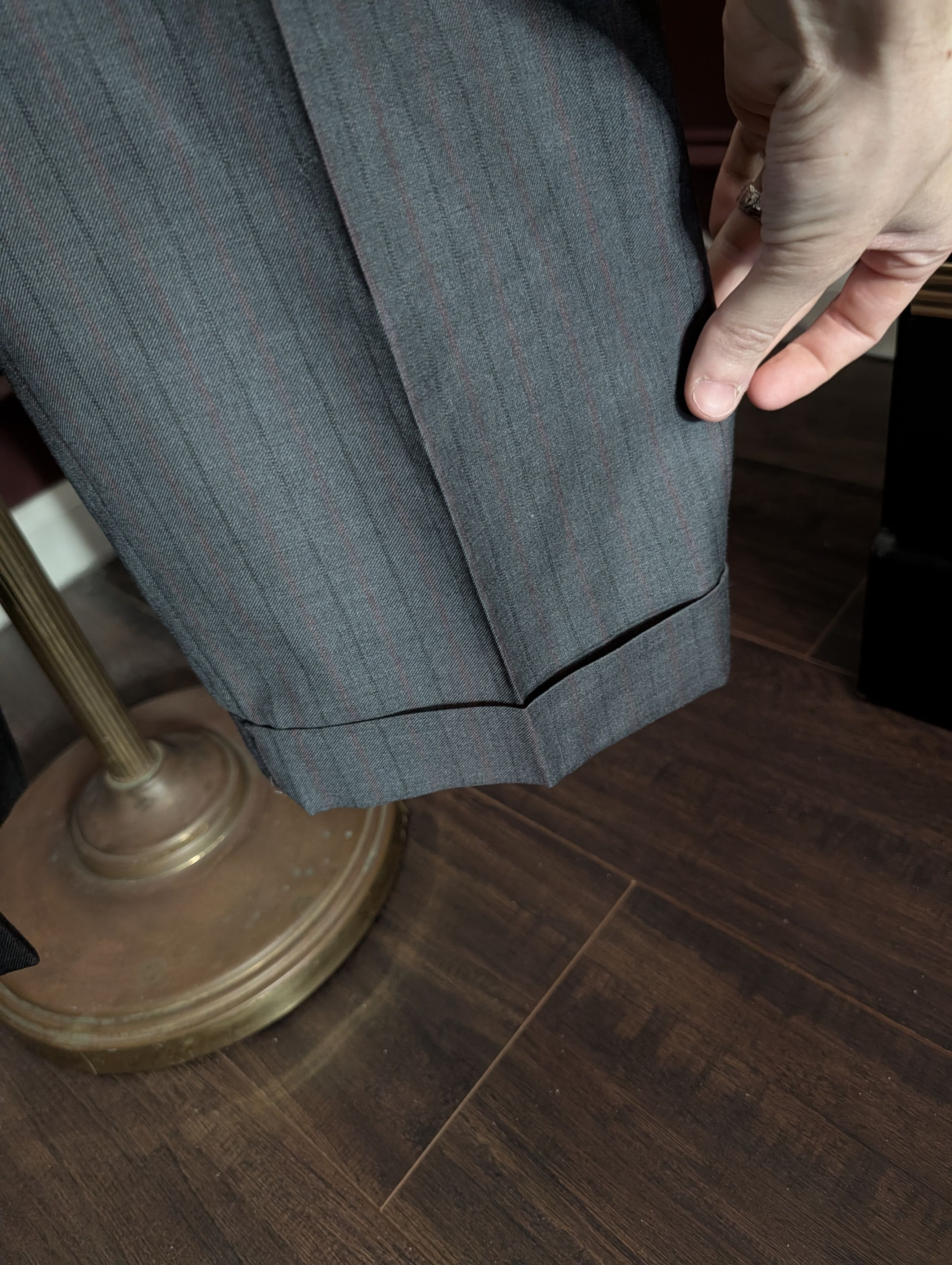 Isaia Timeless 140s wool pinstriped logo embroidery cuff pants Size US 40 / EU 56 - 6 Thumbnail