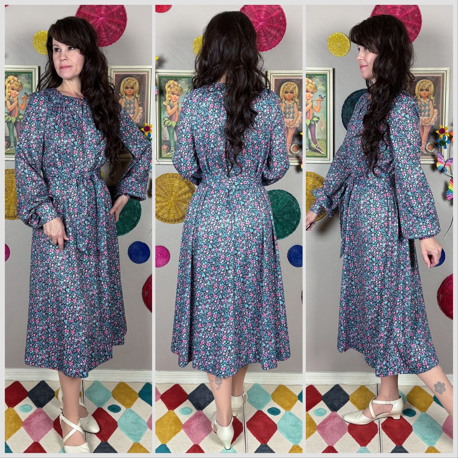 Handmade × Vintage 1960s Blue & Pink Ditsy Floral Long Sleeve Belted Midi Dress Size M / US 6-8 / IT 42-44 - 2 Thumbnail