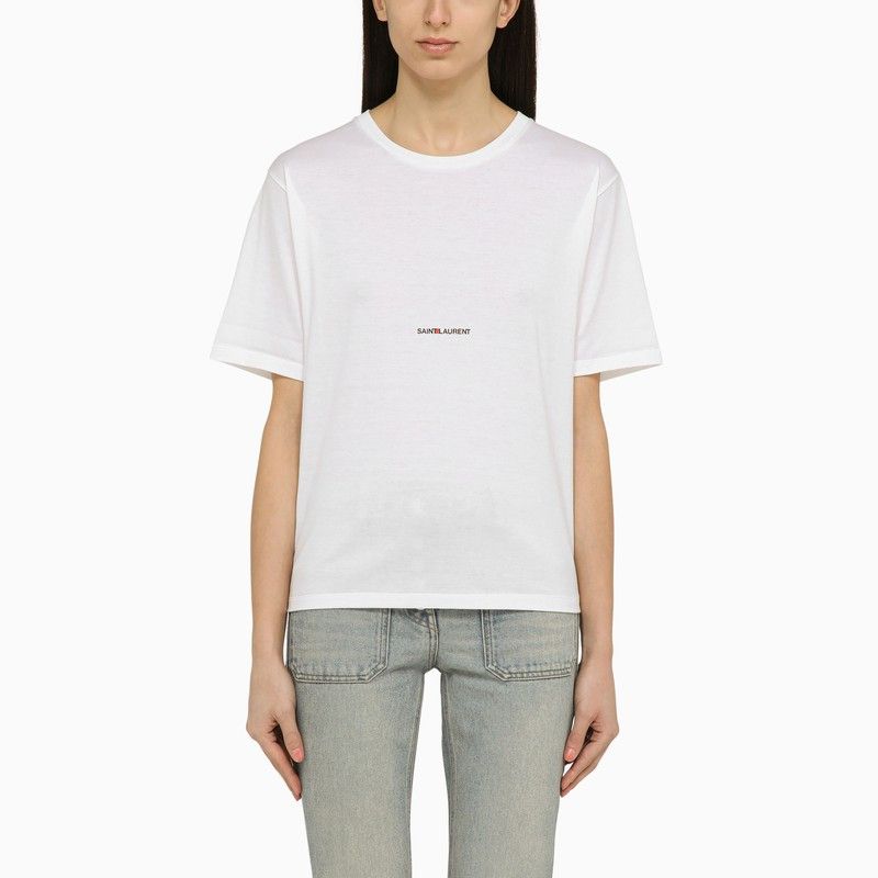 image of Saint Laurent Paris Saint Laurent White Logo-Print Crewneck T-Shirt, Women's (Size Large)