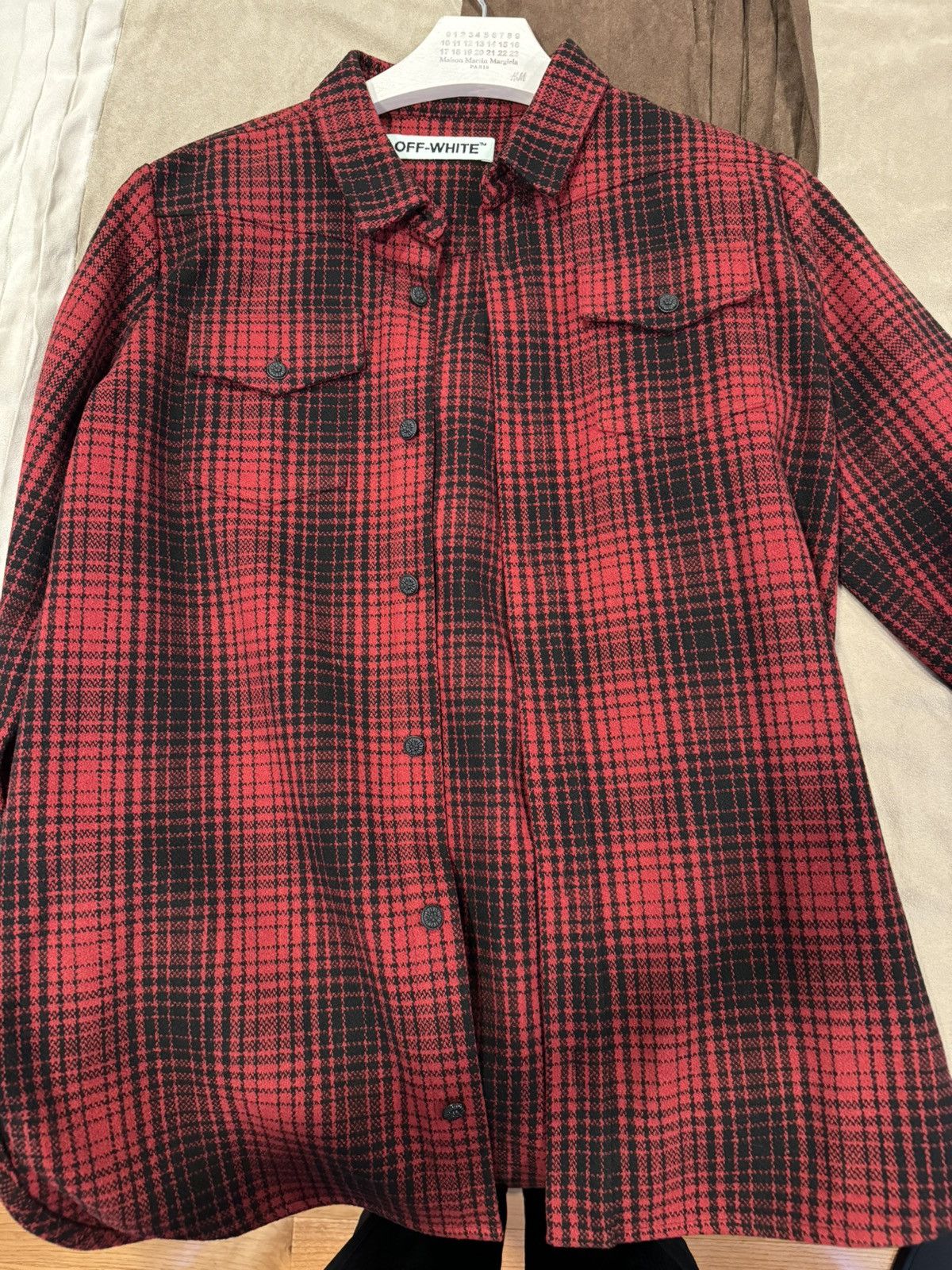image of Off White Heavy Flannel Button Up in Red, Men's (Size Medium)