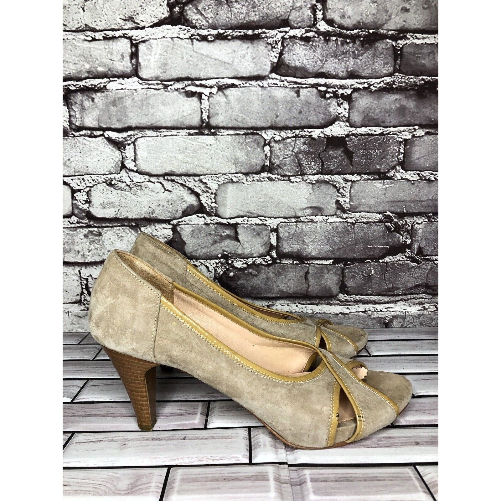 Other Edas Beige Suede Leather Patent Lining Peep Toe Dress Heels Size US 10 / IT 40 - 1 Thumbnail