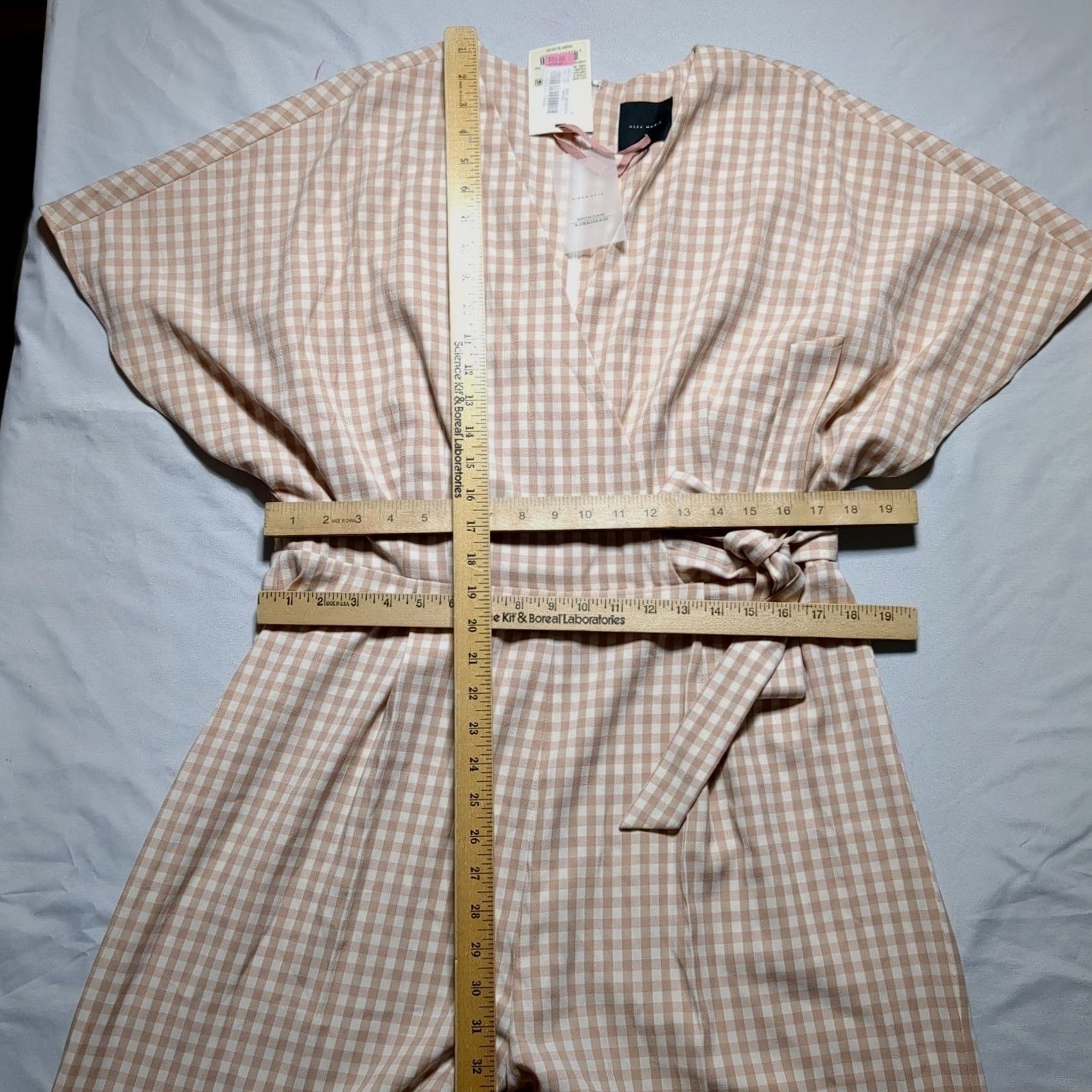 Vintage Alex Marie Jumpsuit Gingham Wide-Leg Women 16 Beige Flutter Sleeve V-Neck Belted Tie Inseam 30in Short Sleeve Vintage? No Size 38" / US 16 / IT 52 - 3 Thumbnail