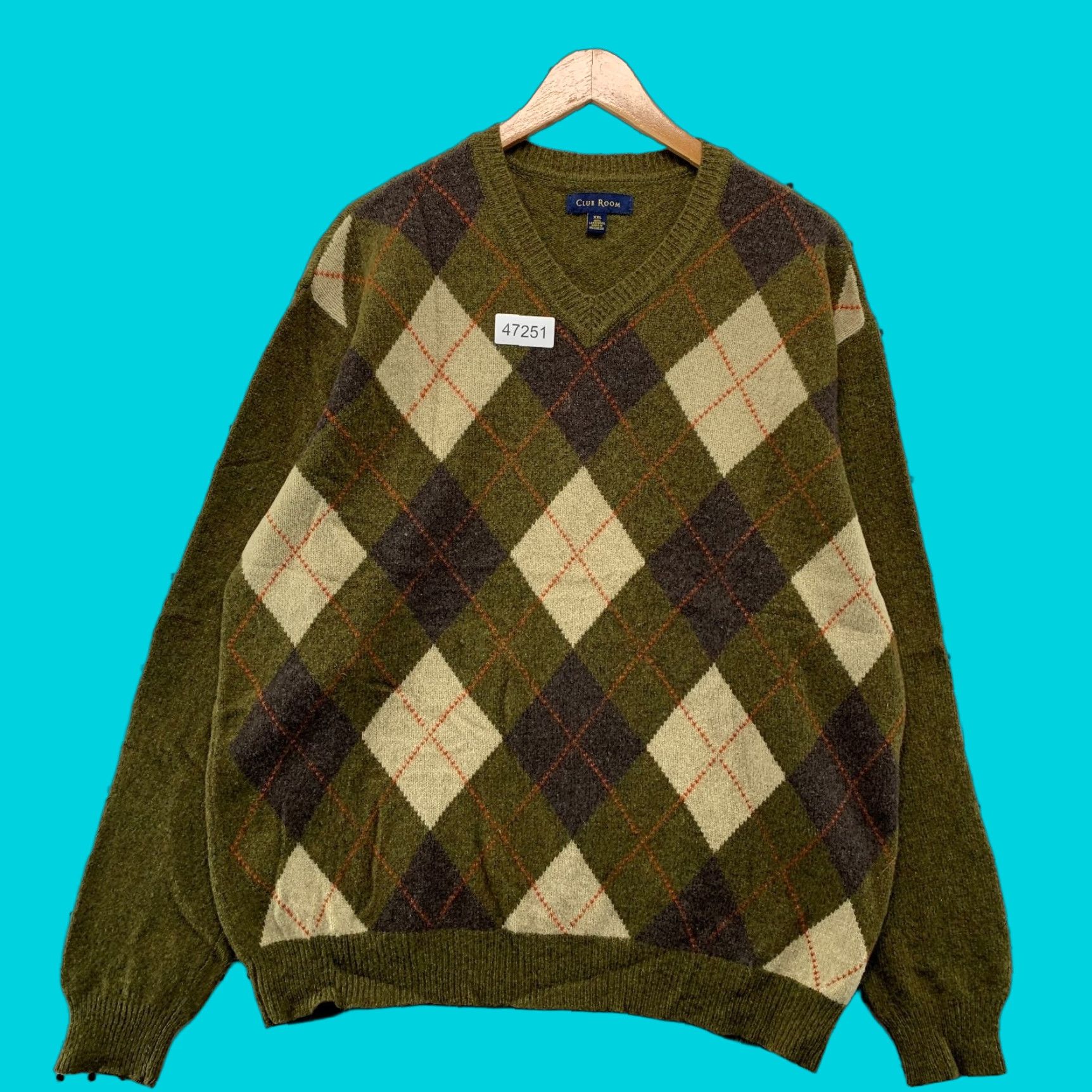 Club Room Club Room Mens Wool Sweater 2XL Green Argyle V-Neck Pullover Knit Wool Warm Winter Casual Mens Size US XXL / EU 58 / 5 - 1 Thumbnail