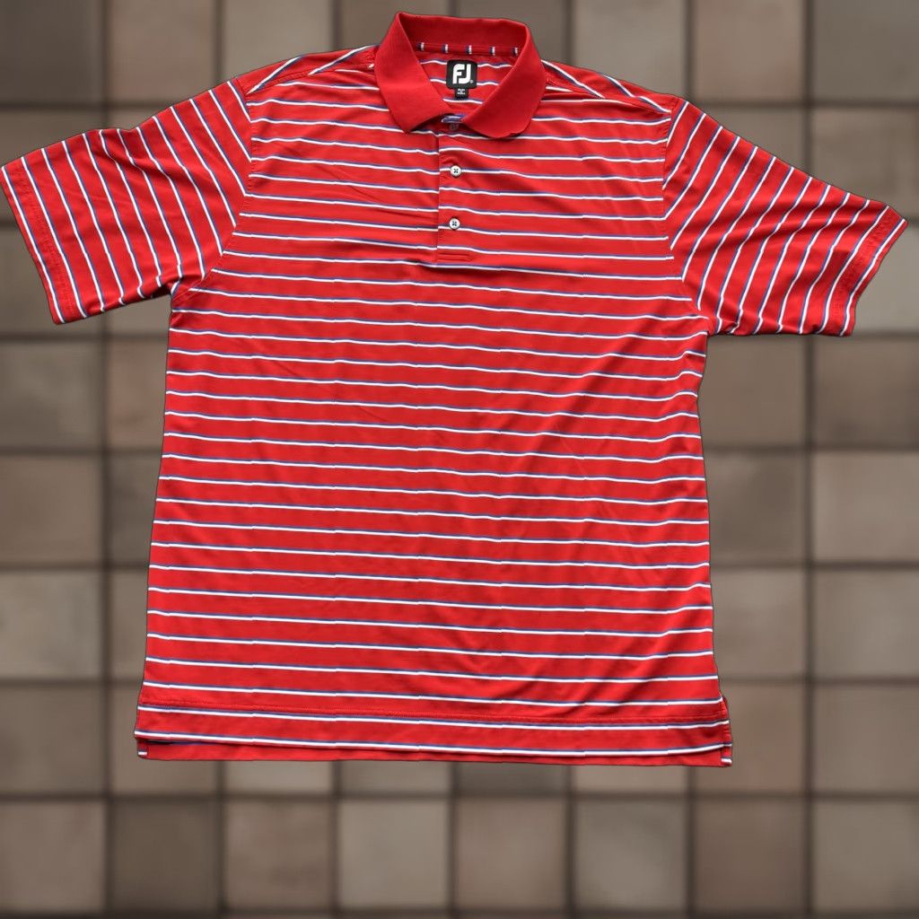 Footjoy FootJoy Polo Shirt Mens XL Red Blue White Striped Golf Performance Short Sleeve Breathable Moisture Wicking Size US XL / EU 56 / 4 - 1 Thumbnail