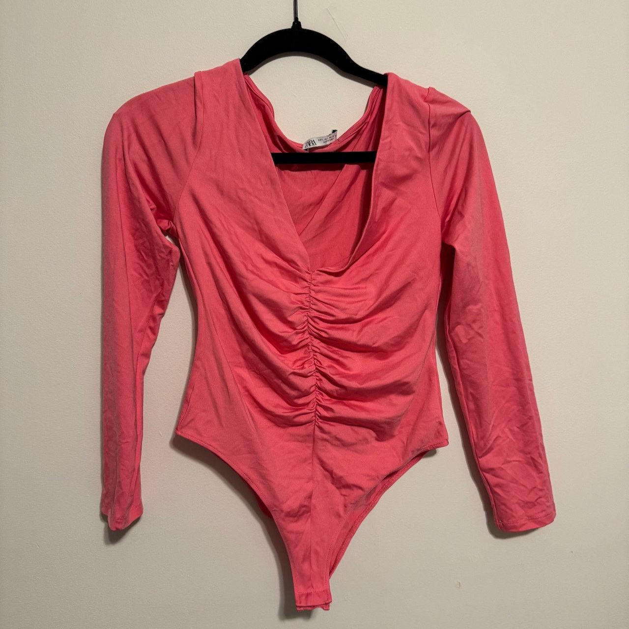 Zara Zara Ruched Pink Long Sleeve Bodysuit Size L / US 10 / IT 46 - 1 Thumbnail