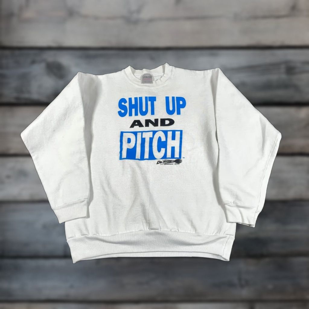 Vintage VTG 90s Shut Up and Pitch Sweatshirt Adult XL White Oneita Power Sweaters Size US XL / EU 56 / 4 - 1 Thumbnail