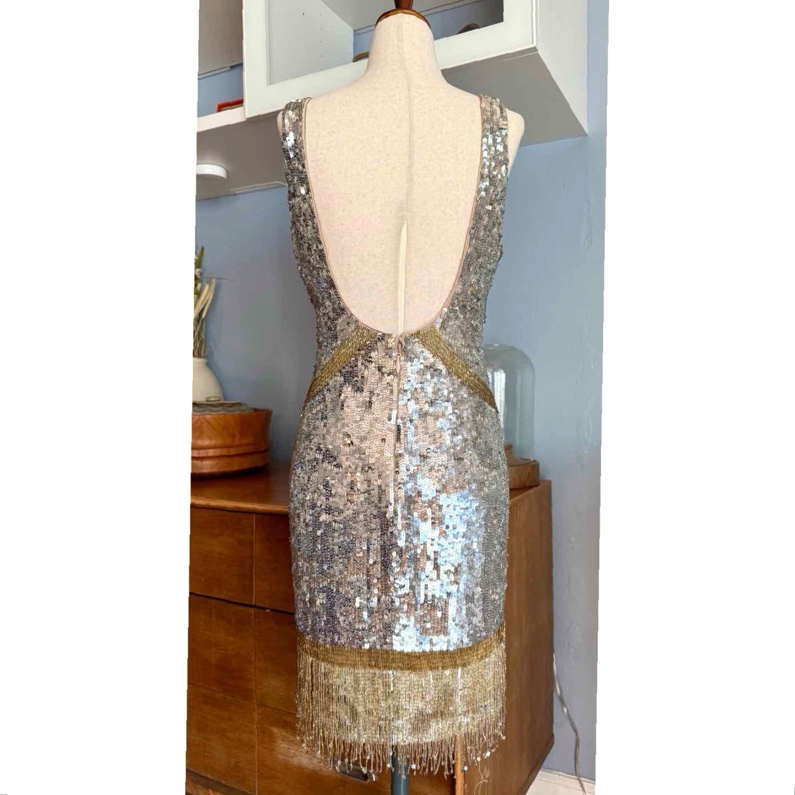 Bebe VINTAGE Bebe Uptown Silver Gold Beaded Sequins Tank Dress Fringe Hem Cocktail Sz M Size M / US 6-8 / IT 42-44 - 5 Thumbnail
