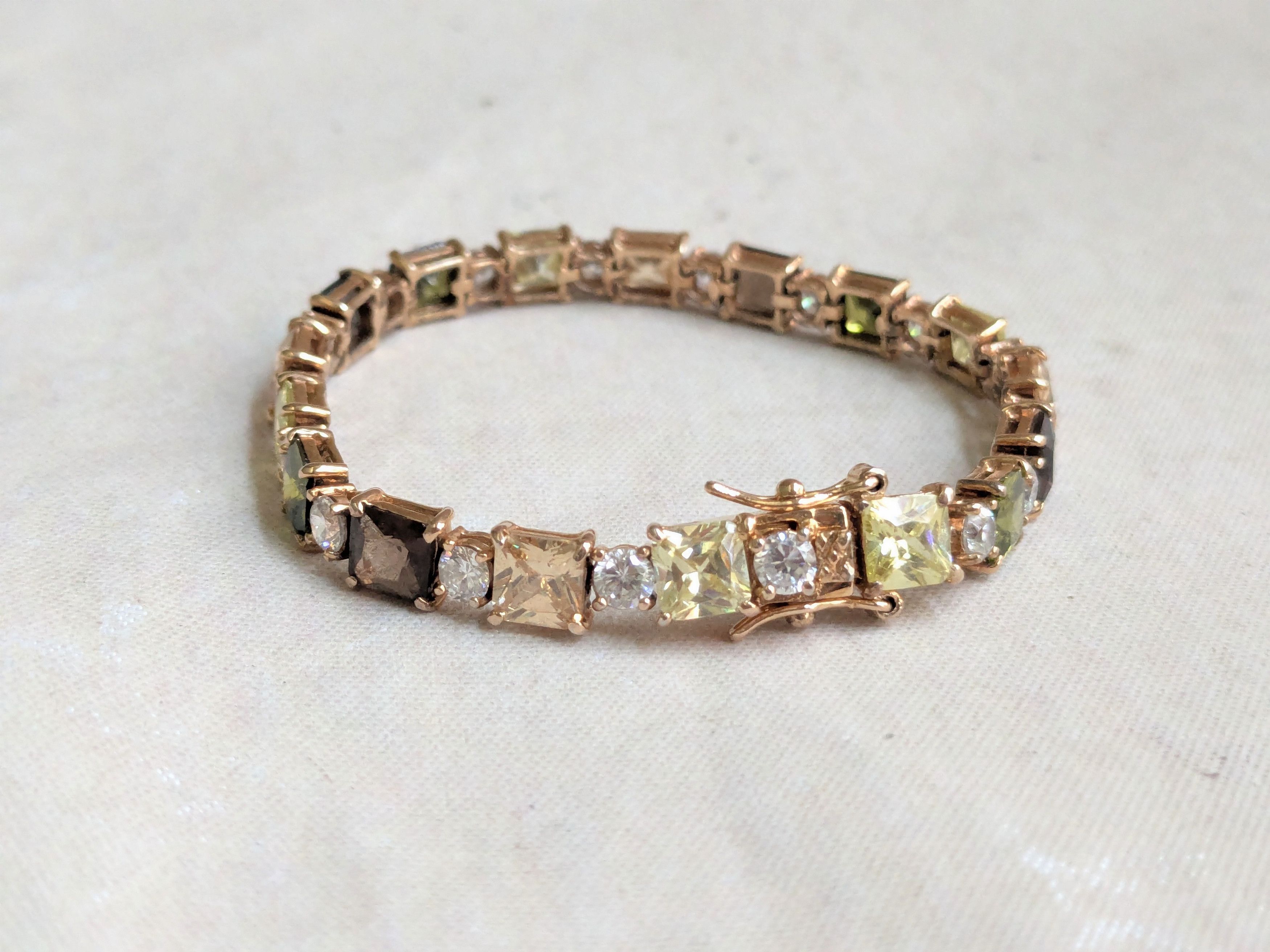Jewelry Sterling Silver Tennis Bracelet Green Clear Gold 7.25" Size ONE SIZE - 2 Thumbnail