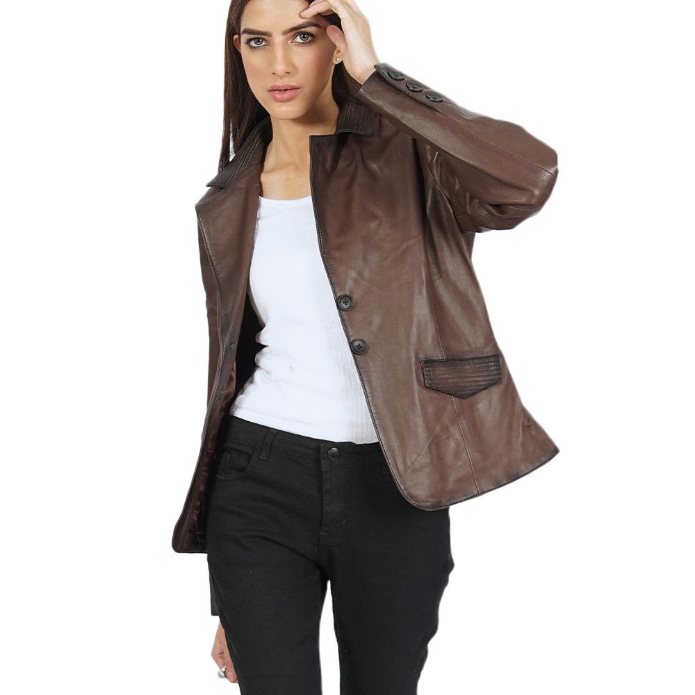 image of Josie Blazer Brown Leather Jacket, Women's (Size Medium)